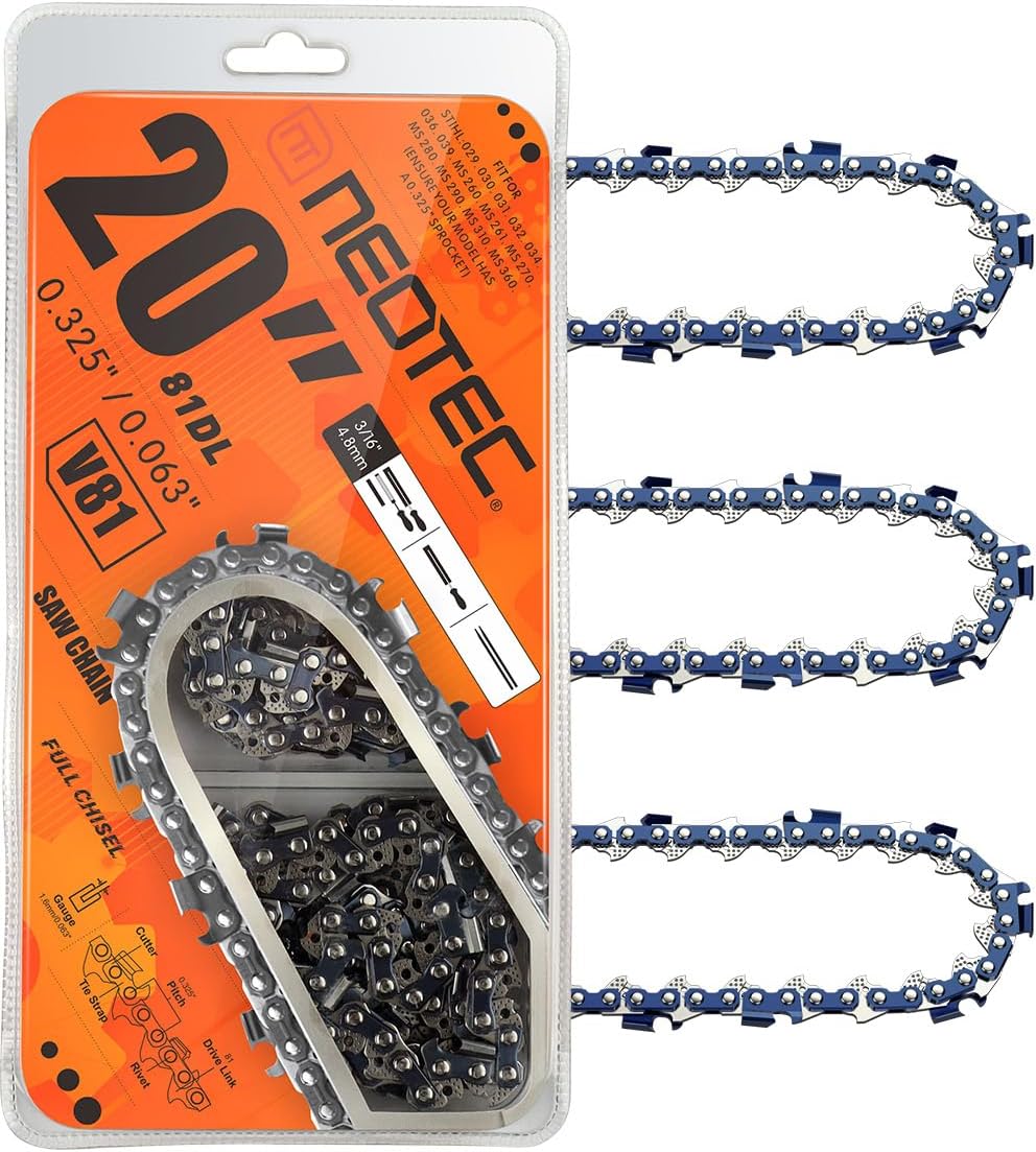 NEO-TEC20 Inch Chainsaw Chain 0.325" Pitch, 0.063" Gauge, 81 Drive Links Fits for MS291, MS271, MS261 and More- 26RS81, 26RM381, L81 (3 Chains)