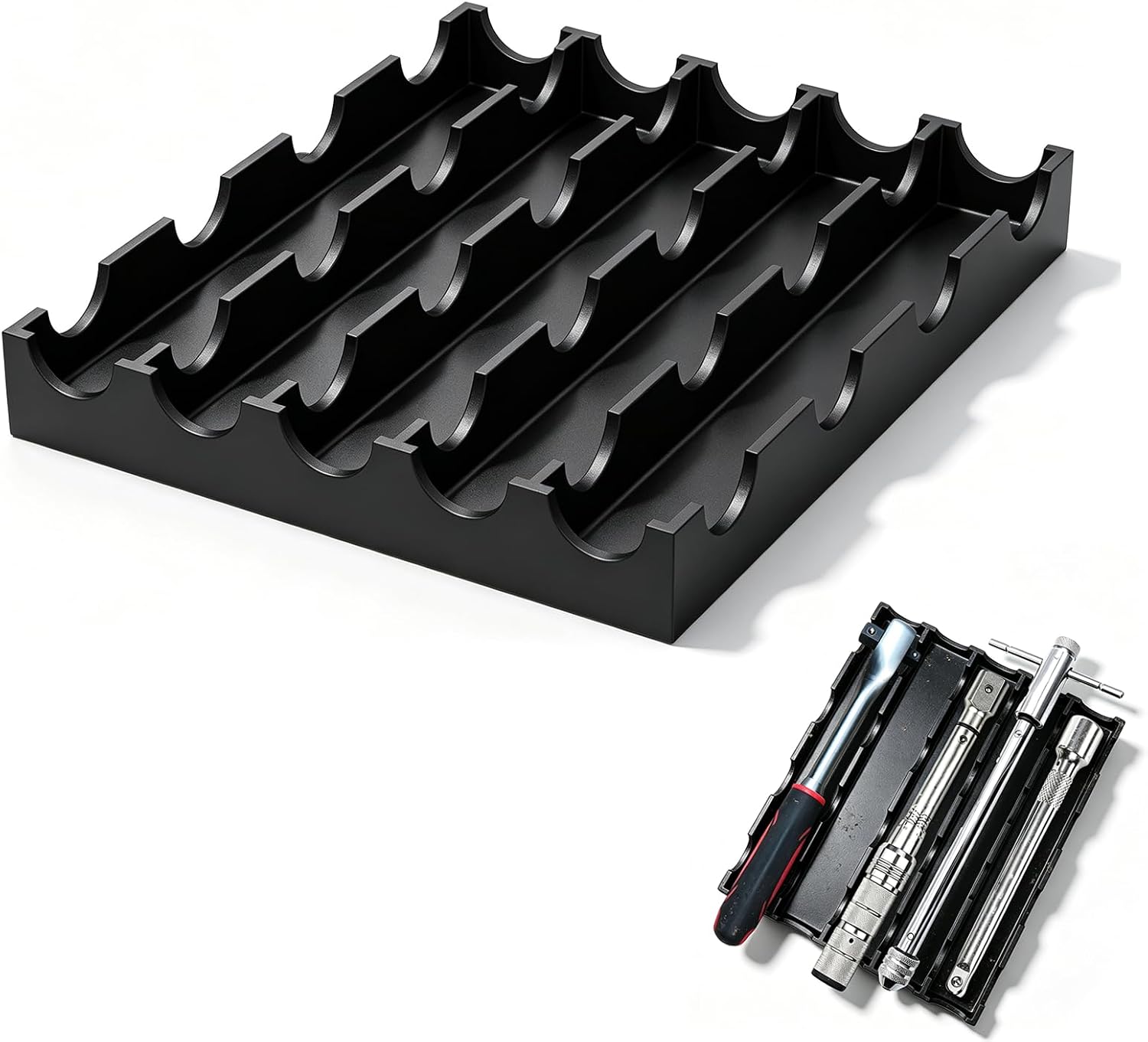 Compact Tool Drawer Organizer Tray – 5-Solt Ratchet & Extension Holder with 22.8mm Anti-Roll U-Grooves for Shallow Tool Drawers, Garage Toolbox Storage Insert for Hand Tools Organization