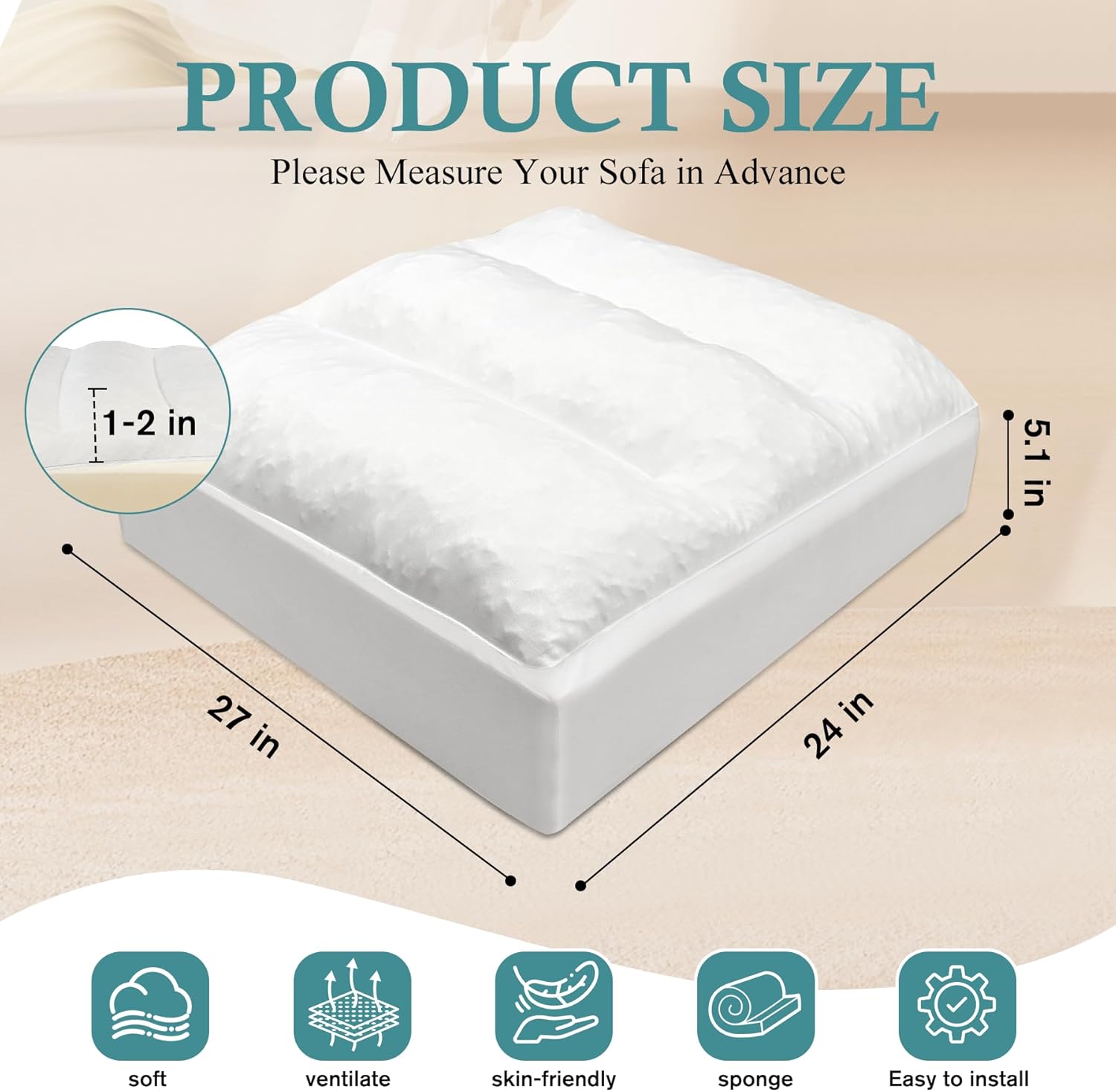 Replacement Couch Cushion 24"X 27"X 6"-7" Top Layer Shredded Foam and 30d Solid High-Density Sponge Sofa Cushions Replacement Insert Soft Supportive Sofa Seat Cushion