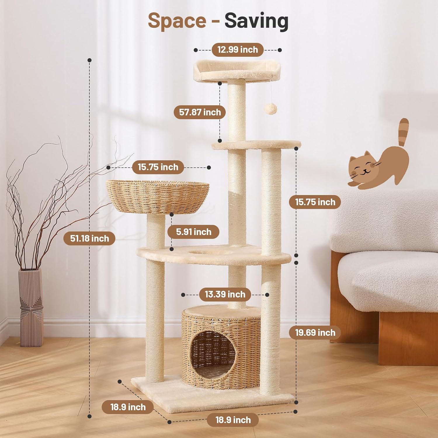 Modern Rattan Cat Tree House Condo Tall Heavy Duty Cat Climbing Tower with Scratching Post,Basket,Bed,and Stand for Indoor Large Adult Cat