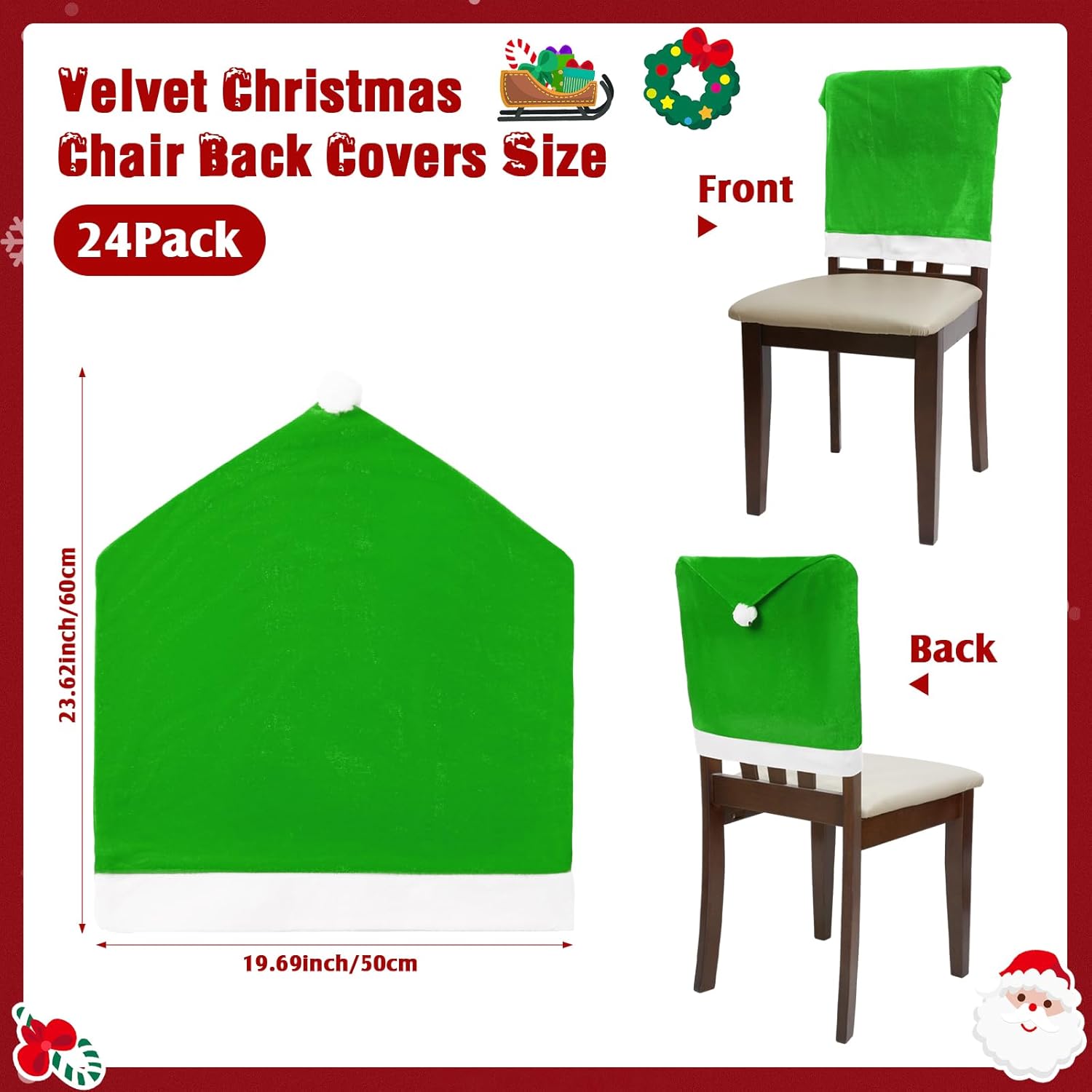 Peryiter Bulk 24 Pcs Christmas Chair Cover Decorations,Velvet Santa Hat Chair Cover Xmas Dining Chairs Protector Slipcover for Kitchen Room Restaurant Holiday Festival,23.62 x 19.69 Inch(Green)