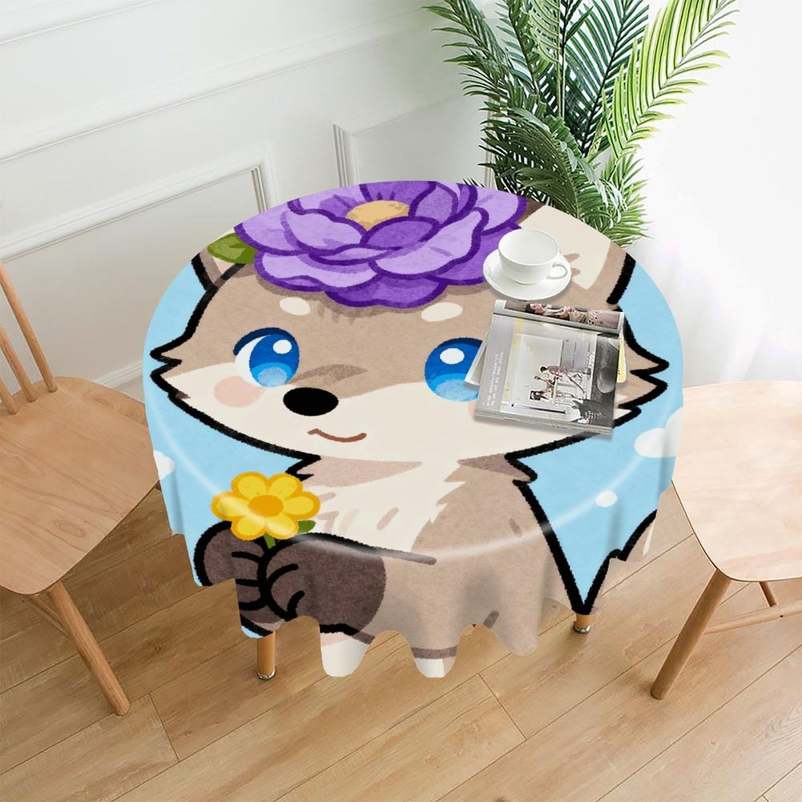 LDGSUPH Flower and Little Fox Round Tablecloth Cover Washable Luxurious Fabric Table Cover Decor Wrinkle Free Fashion Round Table Cloth for Home Dining Kitchen Party 60 in