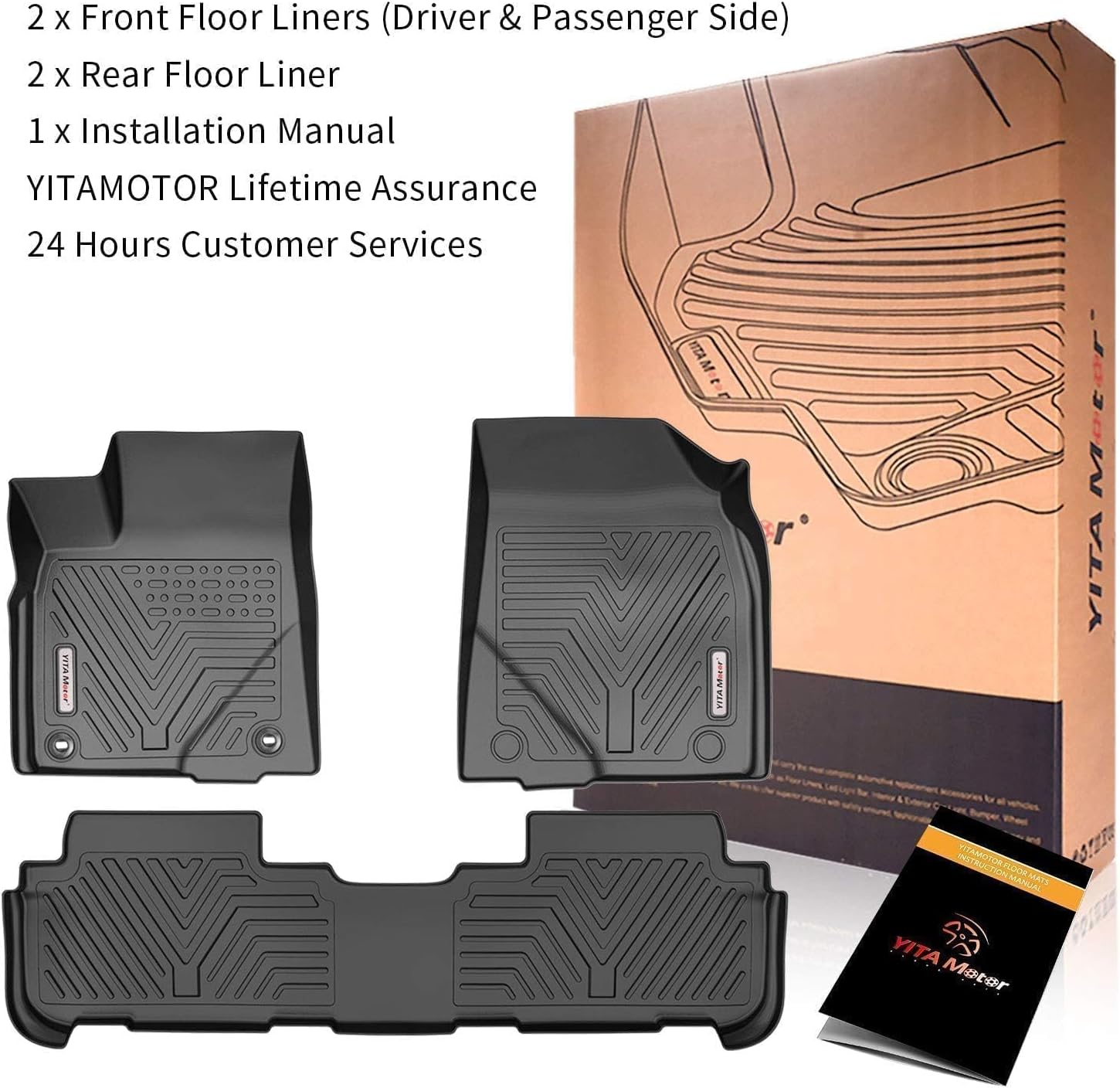YITAMOTOR Floor Mats Compatible with 2014-2019 Toyota Highlander, All Weather Protection Custom Fit Floor Liners, 1st & 2nd Row Automotive Floor Mats, Black