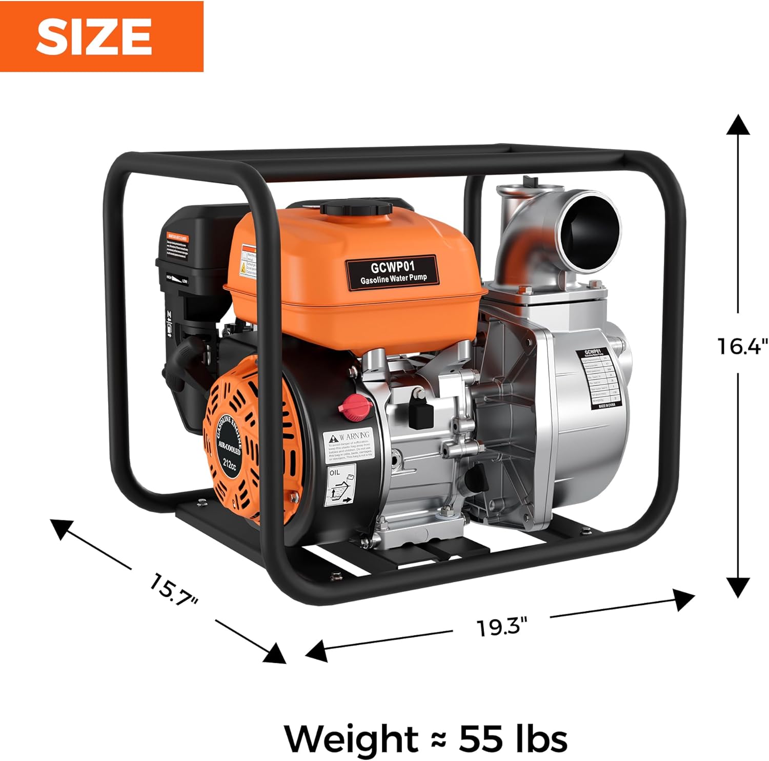 3-Inch Gas Water Pump, 212CC 7HP 4-Stroke Engine, 265 GPM Gas Powered Water Pump with 92FT Lift, 26FT Suction, 1.2L/H Fuel consumption, for Irrigation, Flood Drainage, Transfer