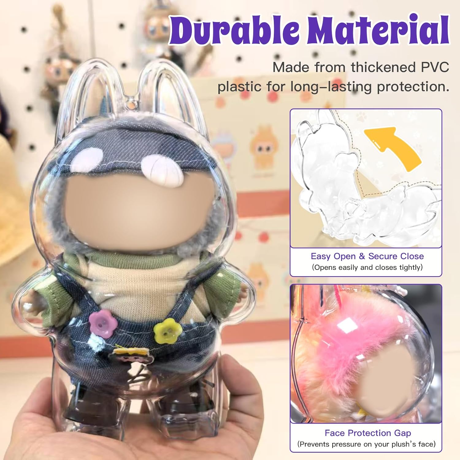 2Pcs Protective Case for LAbubu Doll, Clear Display Case for Monsters Exciting Macaron Series, Case Cover with Have a Seat, Dustproof Case with Keychain Hook for Portable Hanging
