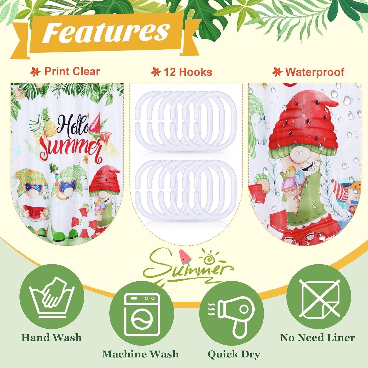 Preboun 4 PCS Spring Gnomes Shower Curtains Pack - Seasonal Waterproof Fabric Bathroom Curtains with Hooks for Summer Fall Winter Restroom Decoration, 71" x 71"