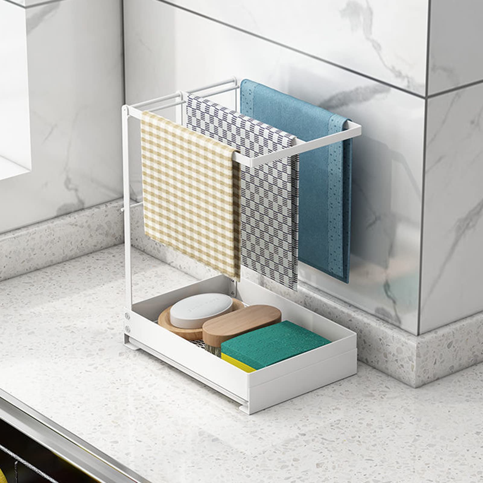 Organizador para fregadero de cocina, soporte para esponja para fregadero, soporte para paños de cocina, organizador para fregadero con bandeja de drenaje para almacenamiento de cocina, baño, fregad