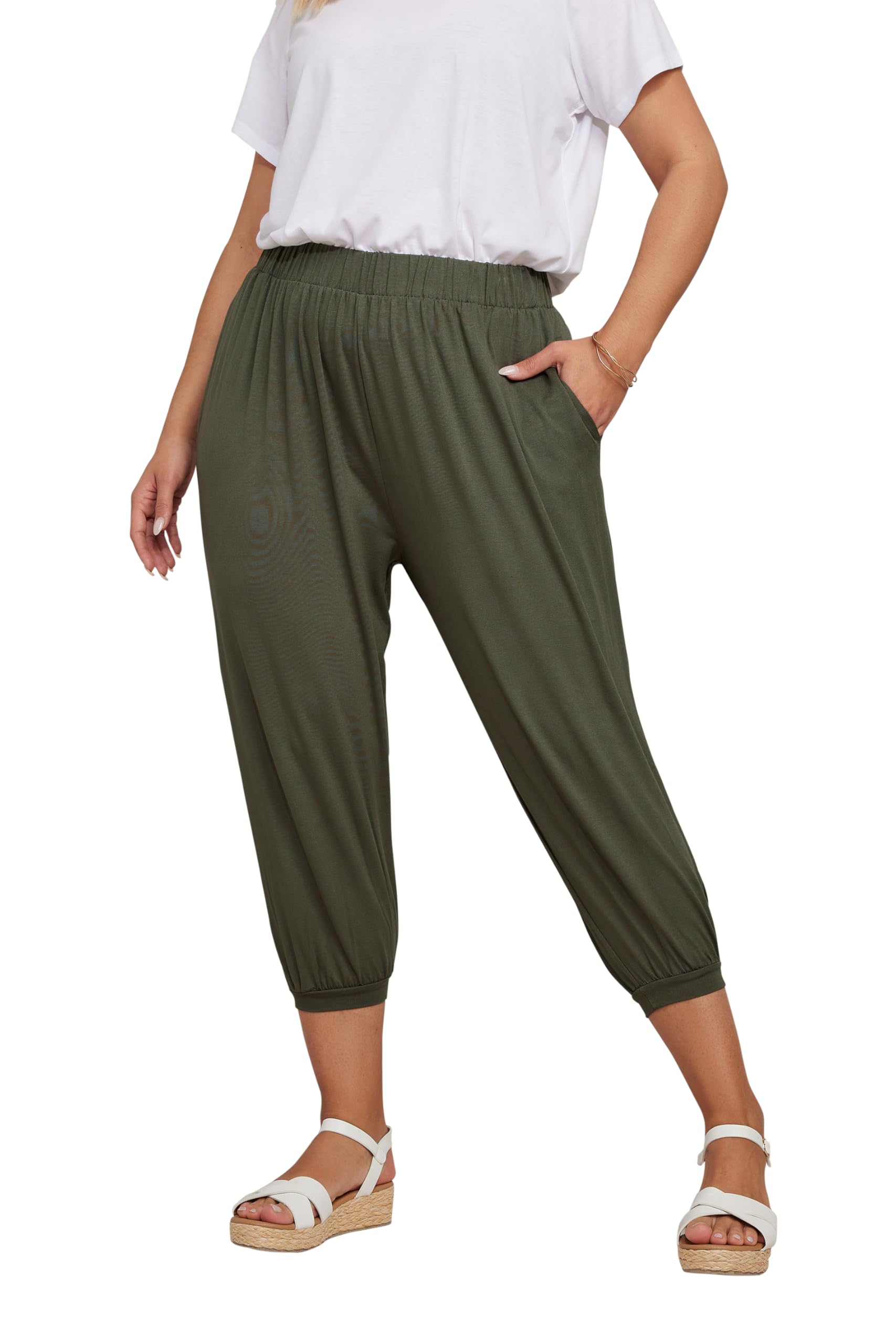 Yours Curve Khaki Jersey Cropped Harem Trousers - Women's - Plus Size Curve