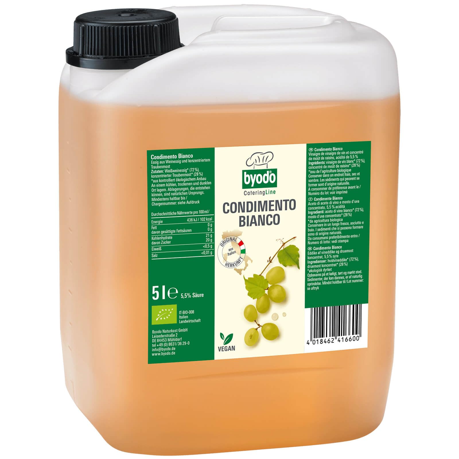 Bio Condimento Bianco Essig Byodo - 5L Kanister heller Balsamessig aus Weißweinessig & konzentriertem Traubenmost, Vegan, perfekt für Dressings & Marinaden, 100% Bio-Zutaten