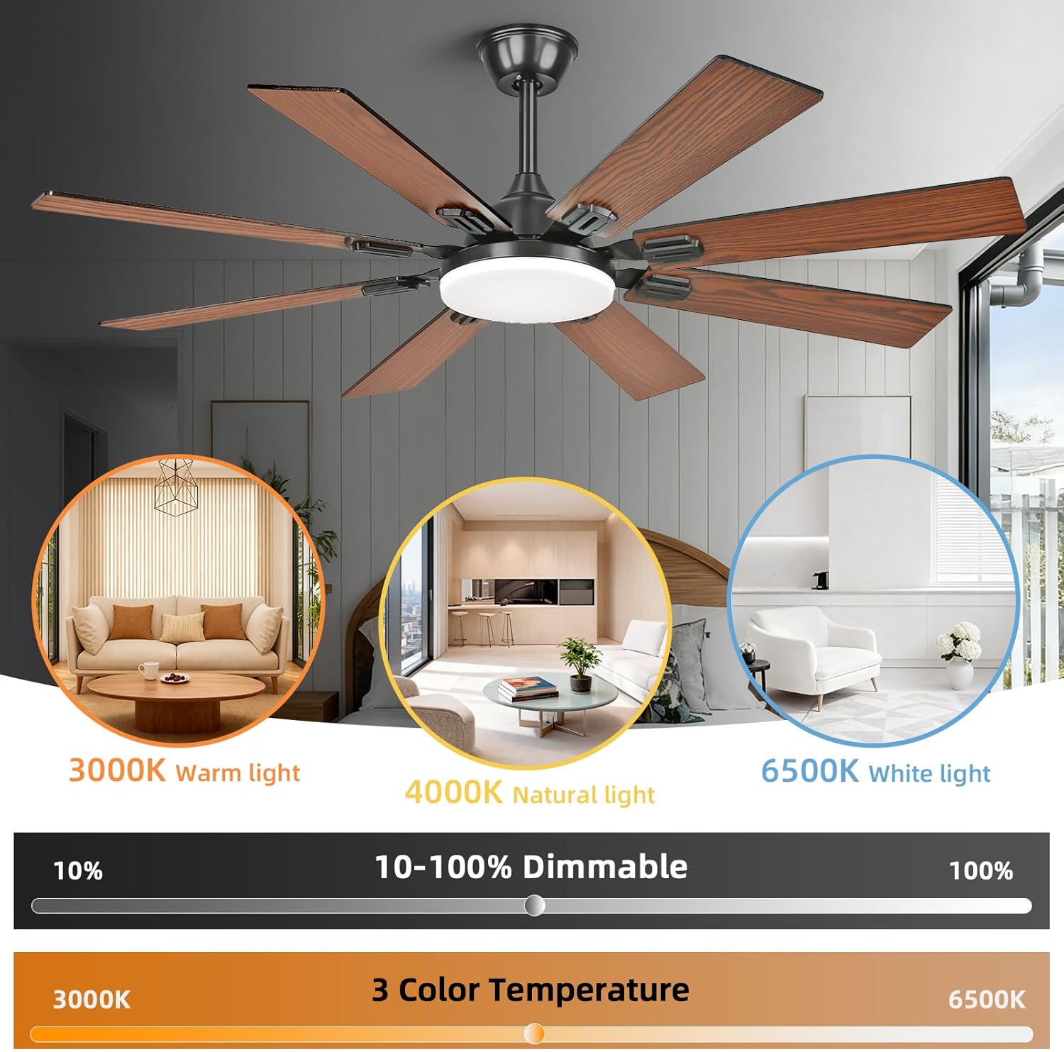 52" Ceiling Fans with Lights and Remote,Modern Ceiling Fan with 8 Dual Finish Blades,Quiet Reversible Motor， Farmhouse Ceiling Fan with RGB Lights for Bedroom,Living Room,Patios， Brown