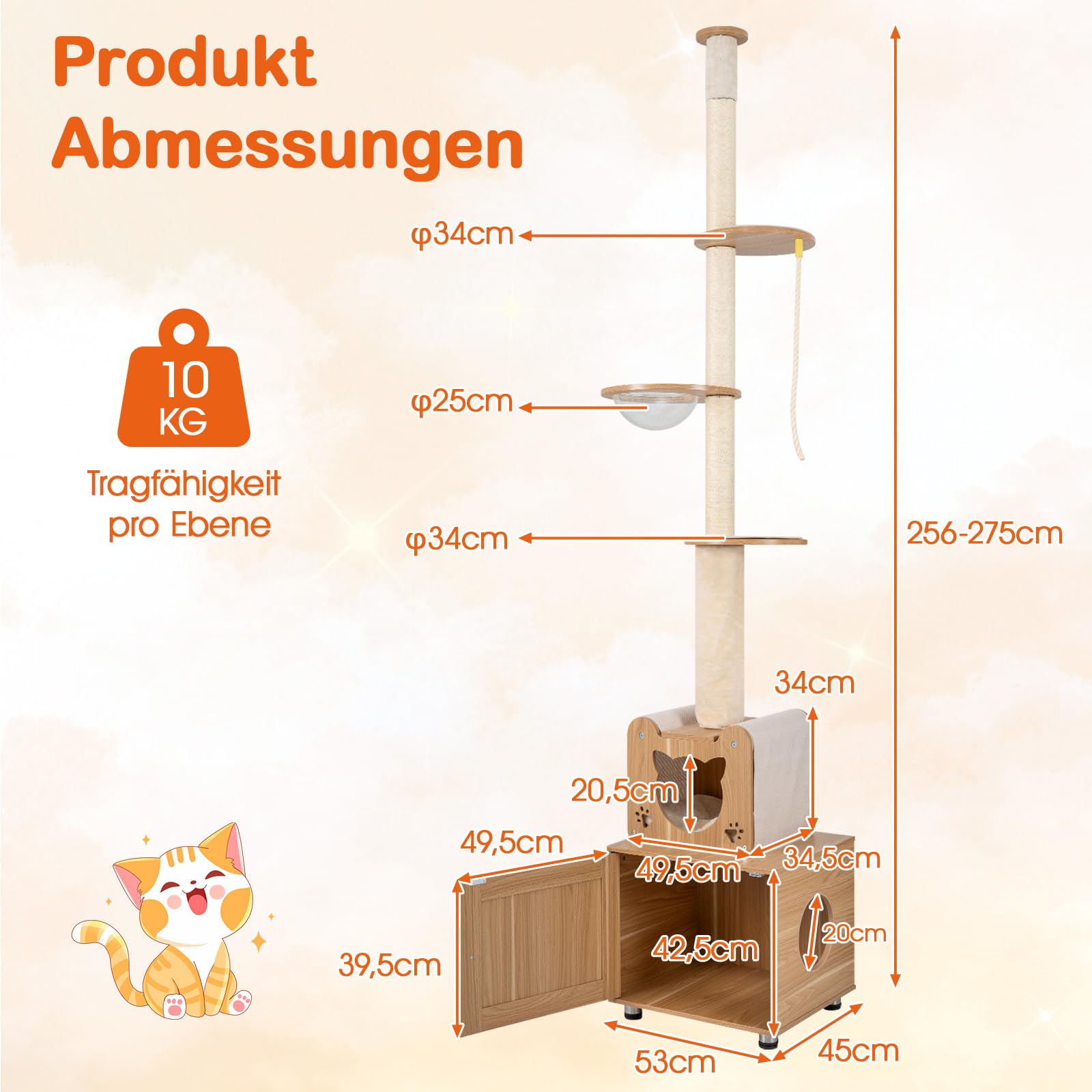 COSTWAY Kratzbaum deckenhoch, 257-276 cm, von Boden bis Decke, Katzenbaum mit Katzenhaus, Katzenkratzbaum hoch, Kletterbaum mit Plattformen, Raumkapsel, Sisal-Kratzstamm & Seil, Holz, Braun