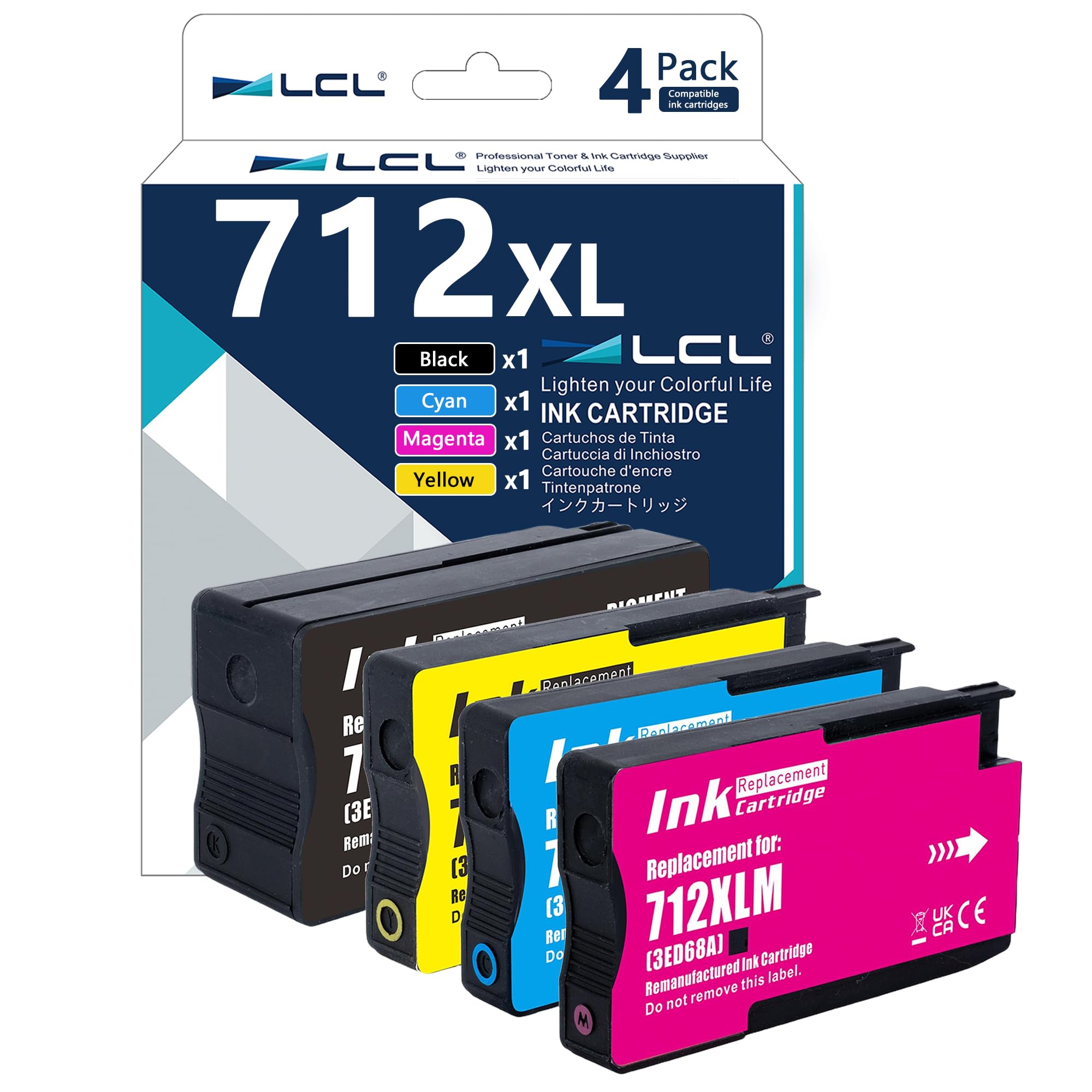 LCL Cartucce d'inchiostro Rigenerate 712 712XL 80ML+3 * 29ML High Yield 3ED70A 3ED71A 3ED67A 3ED68A 3ED69A T650 T630 T250 T230 T210 (KCMY) Sostituzione per HP DesignJet Studio DesignJet T650 T630