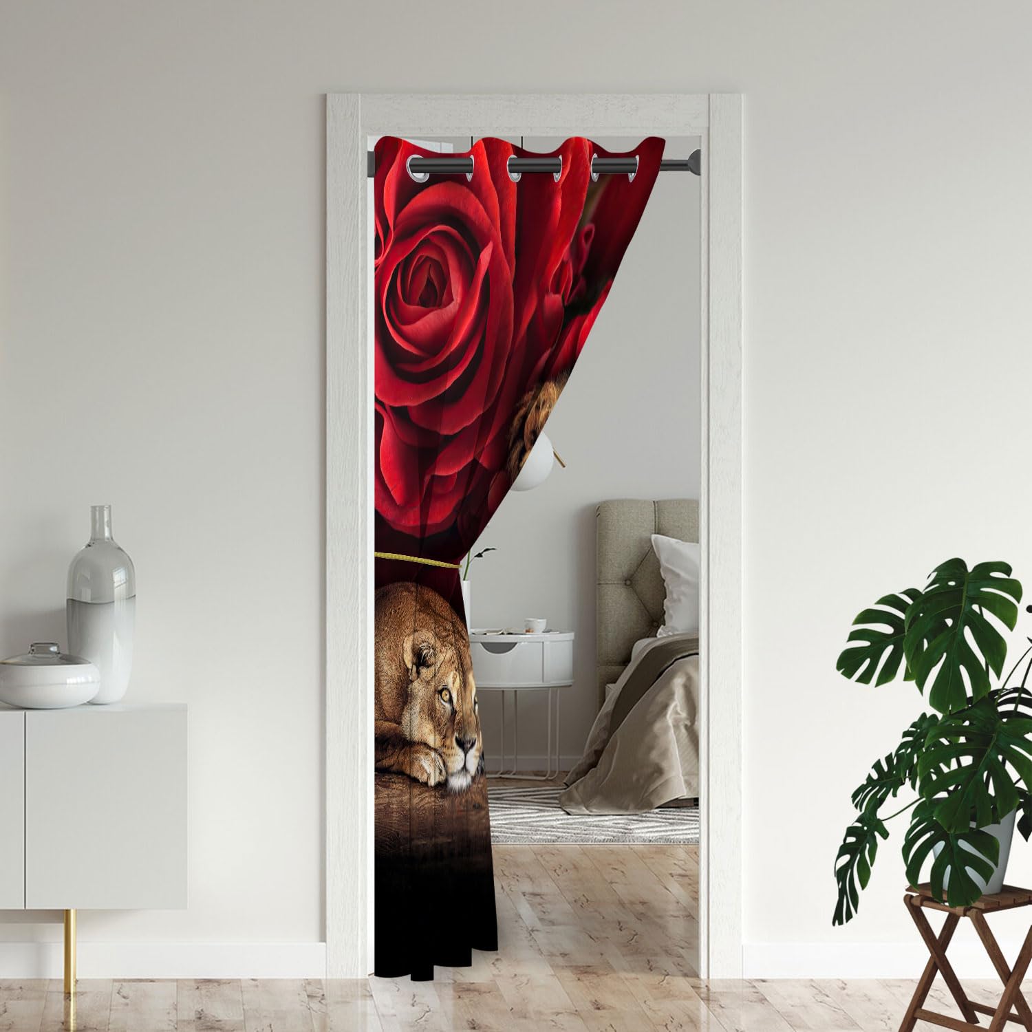 Lion Door Curtains for Doorways, Red Rose Flowe Africa Wildlife Animal King Blackout Curtain for Kids Bedroom Closet, Grommet Thermal Insulated Privacy Door Drapes for Room Divider, 34