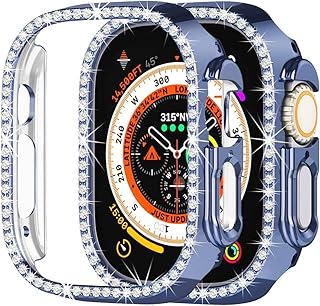 Bling Diamond PC Bumper Case for Apple Watch Ultra 49mm, Bling Crystal Bling Rhinestone Cover for Women Girls Smartwatch Accessories (Blue)