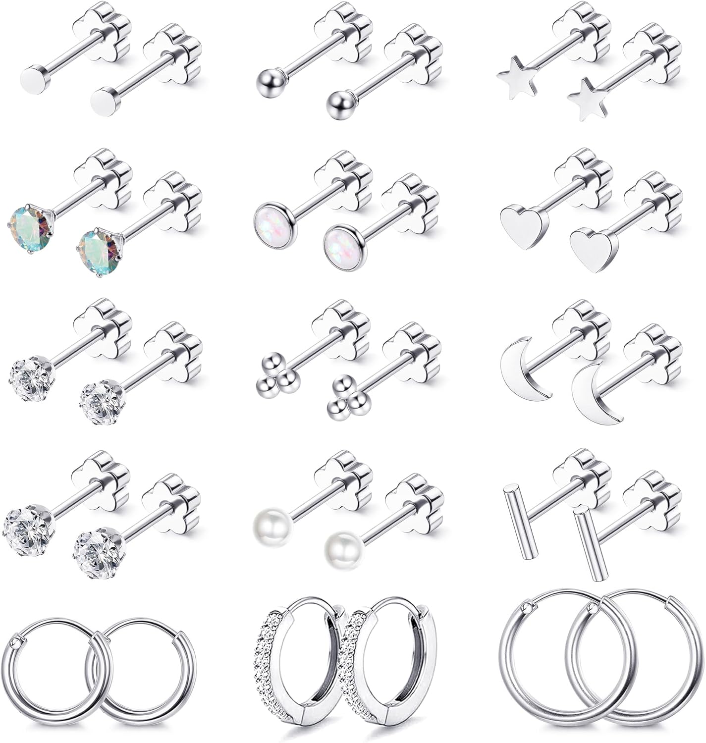 Grace Whisper 15 Pairs Flat Back Stud Earrings For Women Men 14K Gold Plated Hypoallergenic Surgical Steel Flatback Stud Earrings Cartilage Helix Tragus Conch Hoop Earrings Set for Multiple Piercing Jewelry