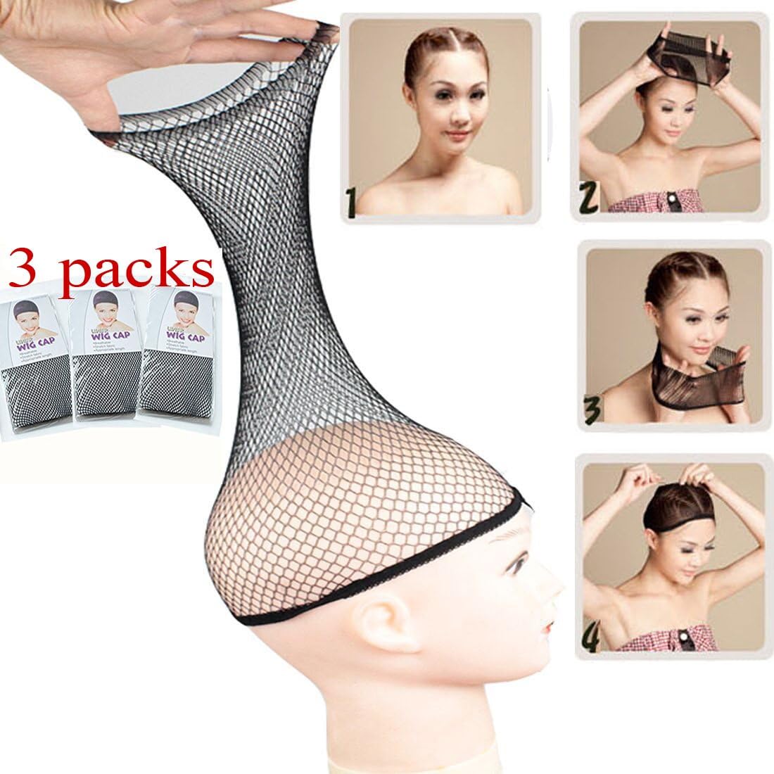 3 Packs Elastic Mesh Net Wig Caps for Women Open End Wig Cap for Long and Short Hair (3 Packs, Black)