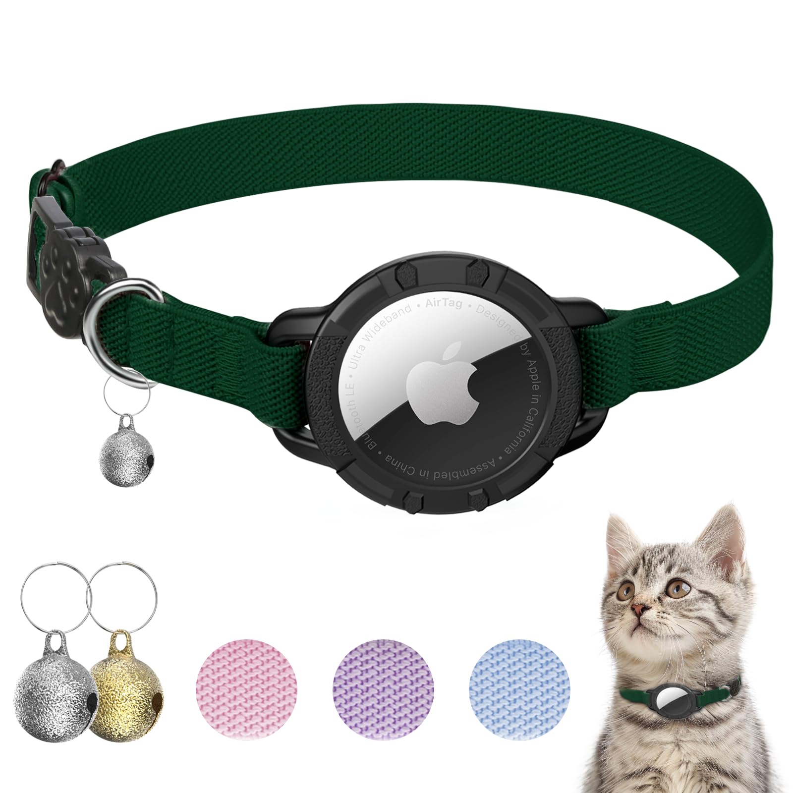 AirTag Cat Collar, Stretchy Kitten Collar with Apple Air Tag Holder and Bell, Breakaway Design Ultra Elastic GPS Tracking Cat Collar for Cats and Puppies (Forest Green) — image 1