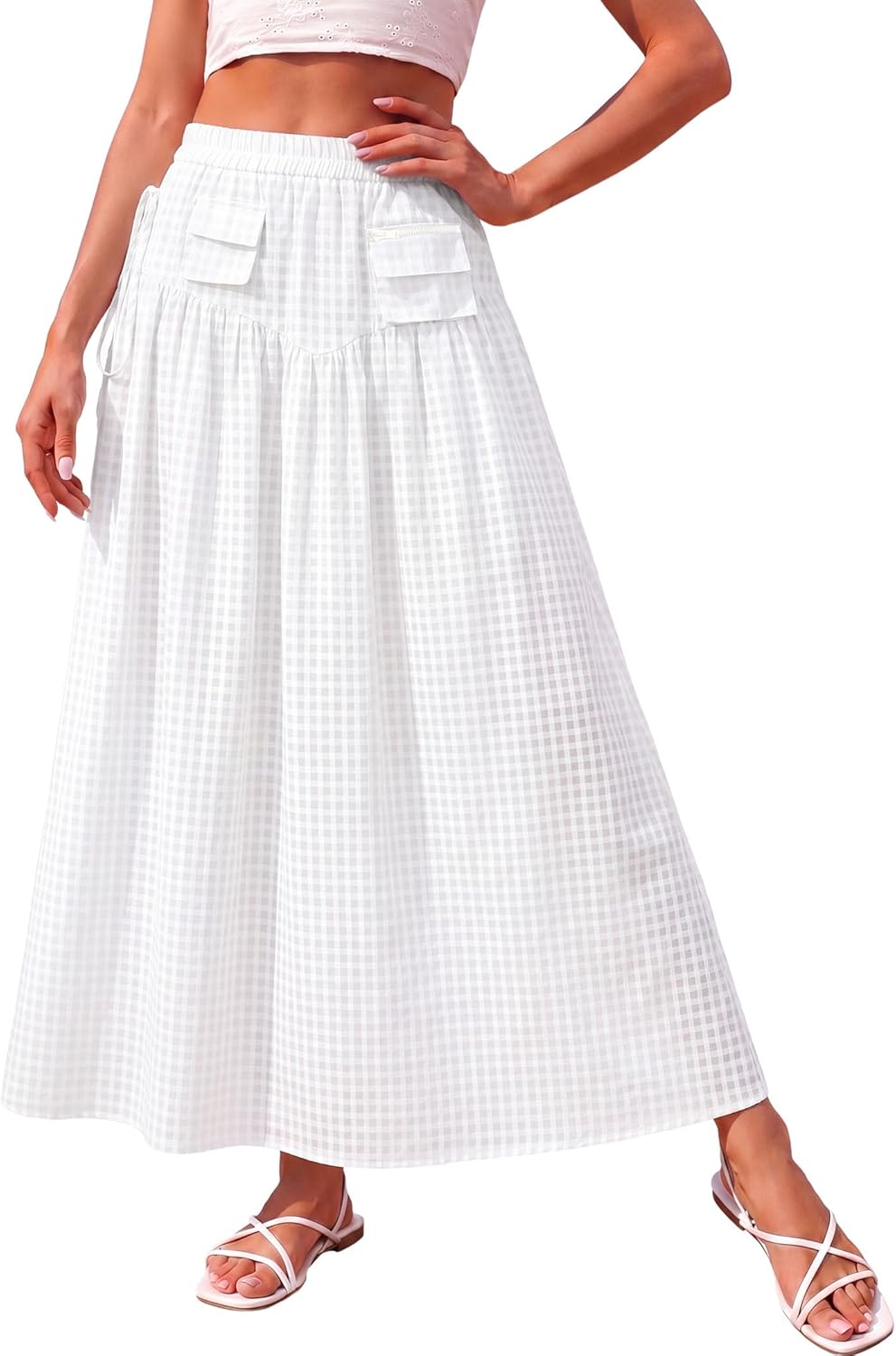 DERAX Gingham Maxi Skirts for Women Drawstring High Waist A-Line Long Plaid Skirt Summer Casual Vacation Long Skirts