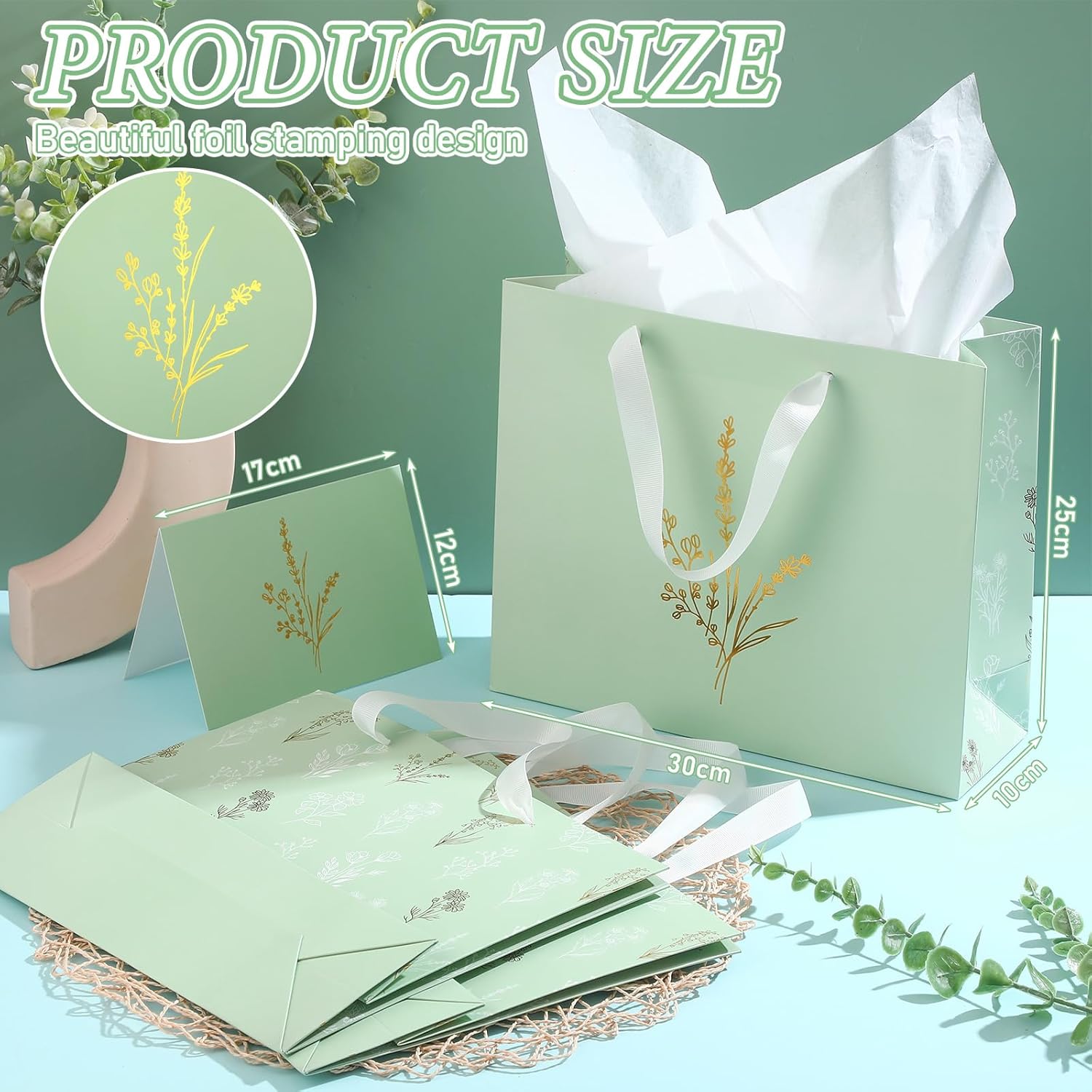 Geyoga 15 Set Green Gift Bags with Tissue Paper and Greeting Card 12'' Thank You Present Party Favor Large Sage Green Gift Bags with Handles for Employee Birthday Wedding Mothers Day Anniversary