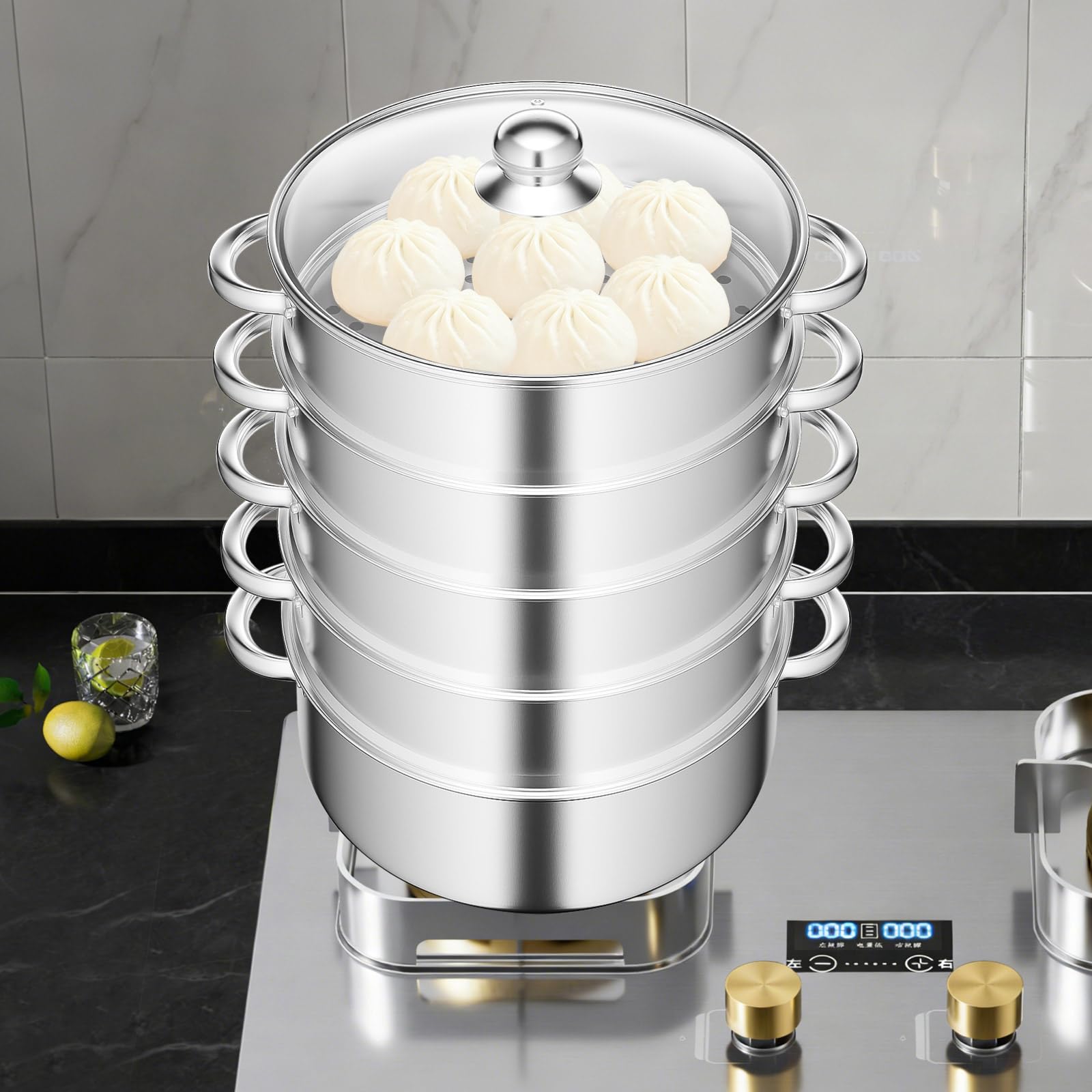 Vaporera de acero inoxidable, 28 cm, 5 pisos, para cocina, con tapa