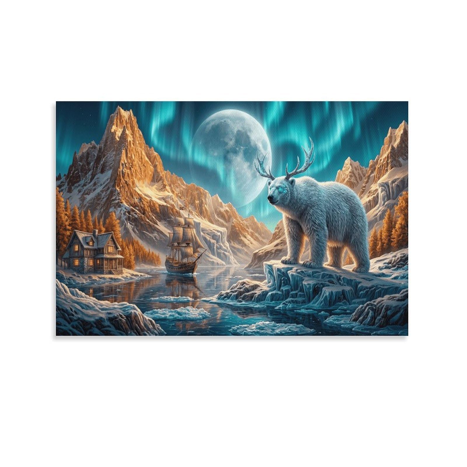 XPASHIQWC Polar Bear Poster Artwork Aurora Snow Mountain Giclee Canvas Prints Modern Canvas Wall Art Picture Wall Hanging for Living Room Home Decorations 20x30inch(50x75cm)