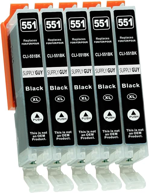 5 Ink Cartridges compatible with Canon CLI-551 Black with Chip and Level Indicator for IP7250 IP8750 IX6850 MG5450 MG5550 MG5650 MG5655 MG6350 MG6450 MG6650 MG7150 MG7550 MX725 MX925
