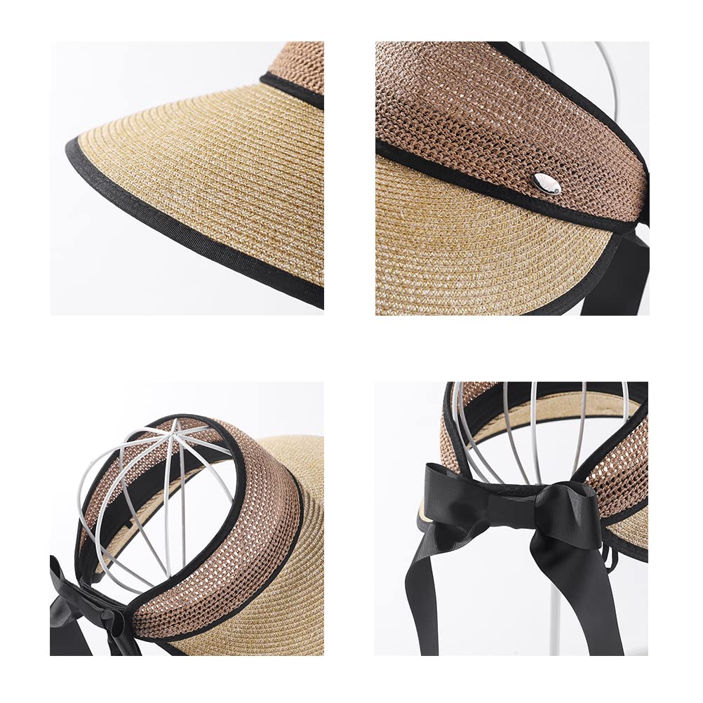 Sombrero de visera solar, visera plegable de paja para mujer, protección solar, ala ancha, lazo vacío, transpirable, sombrero de playa de verano, paja de ala ancha para mujer