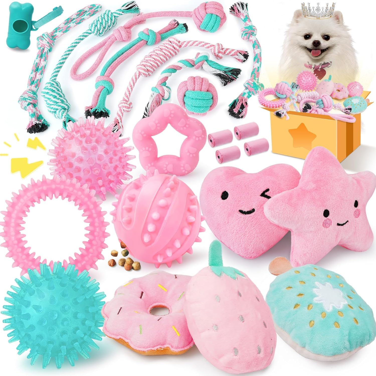 DASKING Juguetes para Perros, Juguete para Masticar, Juguete de Cuerda para Perros, para Jugar, Limpiar Los Dientes, Juego de Juguetes para Perros, Juguete Interactivo para Perros (Rosa)