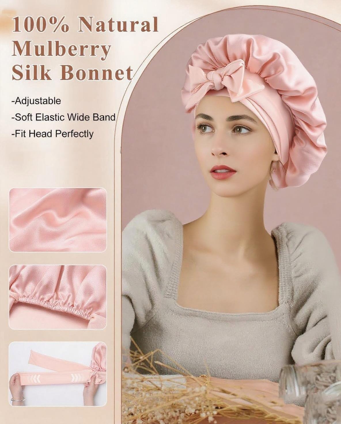 100% Silk Bonnet for Sleeping 19 Momme Pure Mulberry Silk Hair Wrap with Tie Band Stay On Head - Image 4