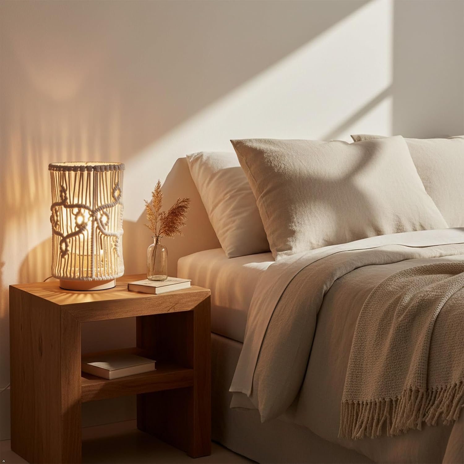 AFORTLO Table Desk Lamp,Small Boho Hollow-Out Decorative Bohemian Macrame Handmade Nightstand Night Light Solid Wood Base Lamp for Bedroom,Living Room Or End Table with Bulb(Creamy-White)