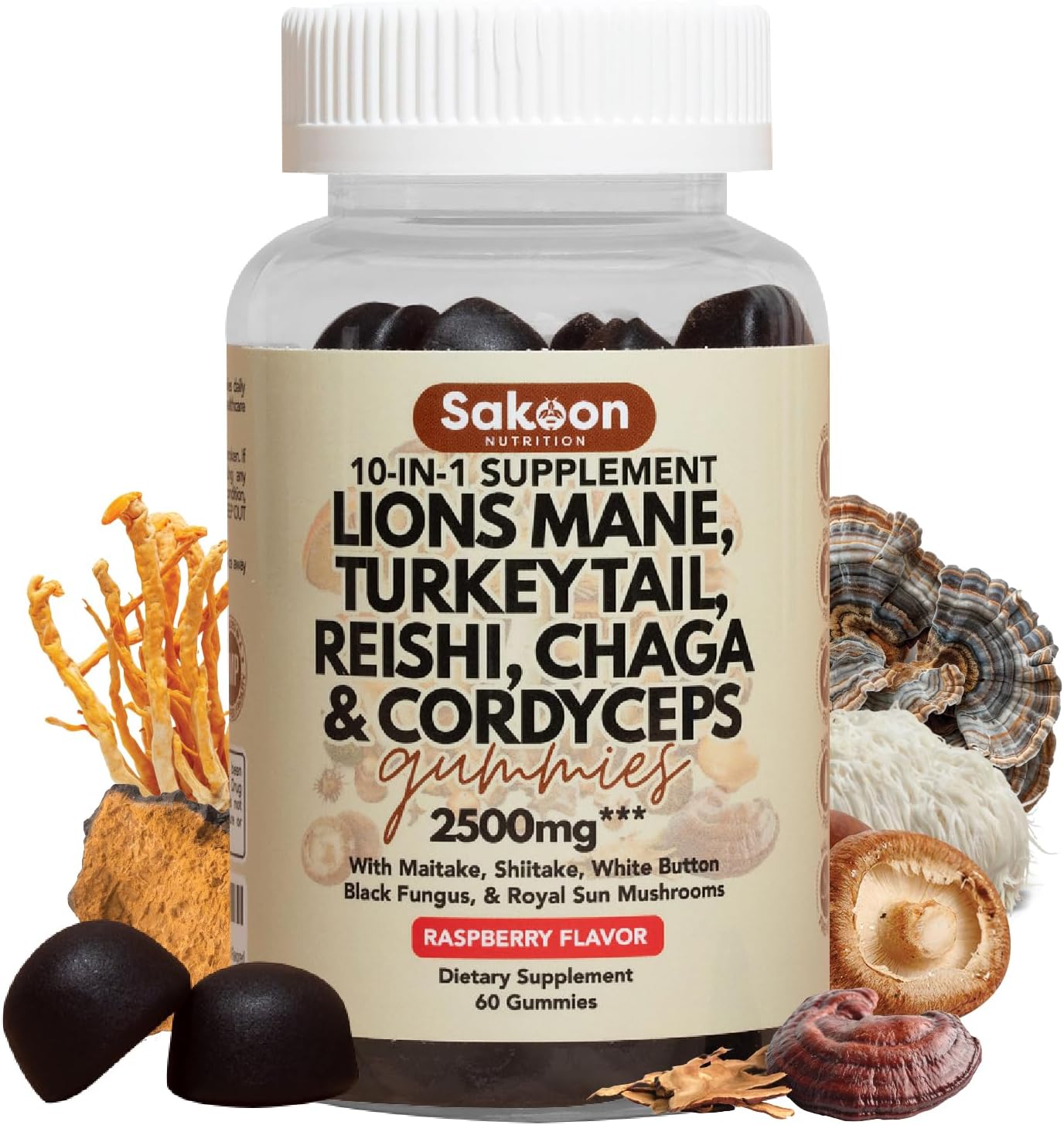 Sakoon nutrition Lions Mane Mushroom Gummies 2500mg | 10-in-1 Dietary Supplement with Turkey Tail, Reishi & More | Lions Mane Gummies Raspberry Flavored | 60 Count