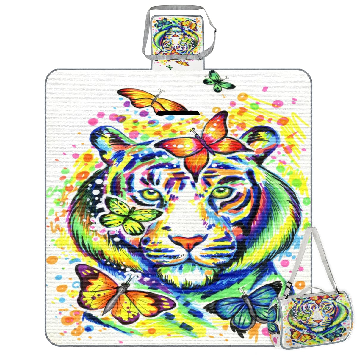 Shimoshe Picnic Blankets 57”x 59”, Butterfly Tiger Waterproof Sandproof Picnic Mat Lightweight Foldable Beach Blanket for Camping Park Grass Beach Outdoor Blanket