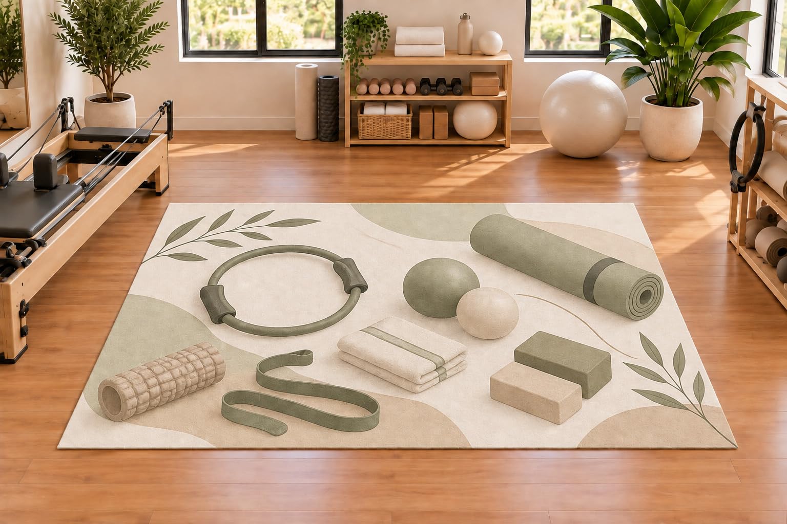 ICE ARMOR "Ultra Thin 5' x 7', Fitness Ring Foam Roller Resistance Band and Exercise Block Area Rug for Yoga Room, Fitness Room, Bedroom, Soft Low Pile Indoor Rug with Non Slip Silicone Backing