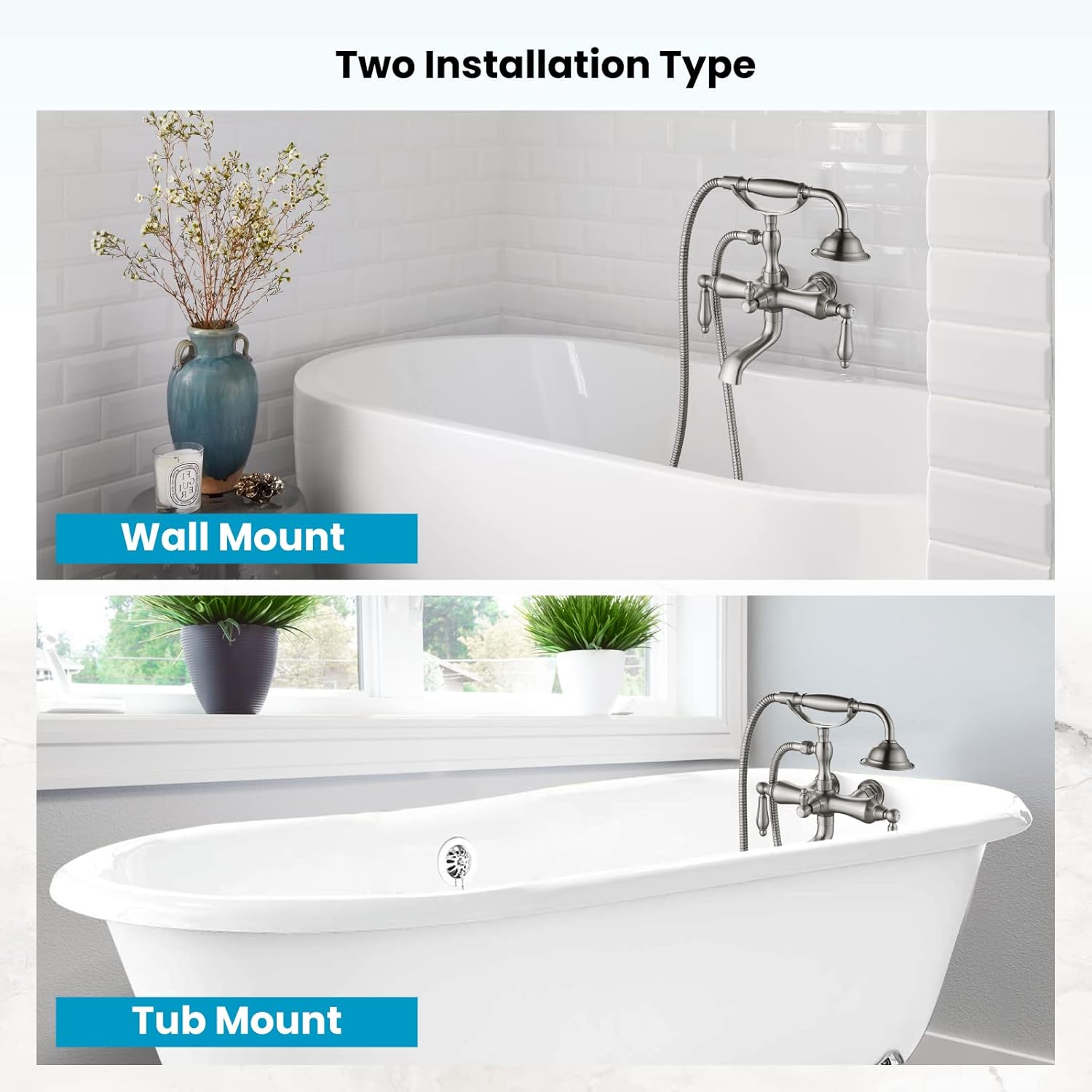 Brushed Nickel Wall-Mounted Clawfoot Tub Faucet with Handheld Shower