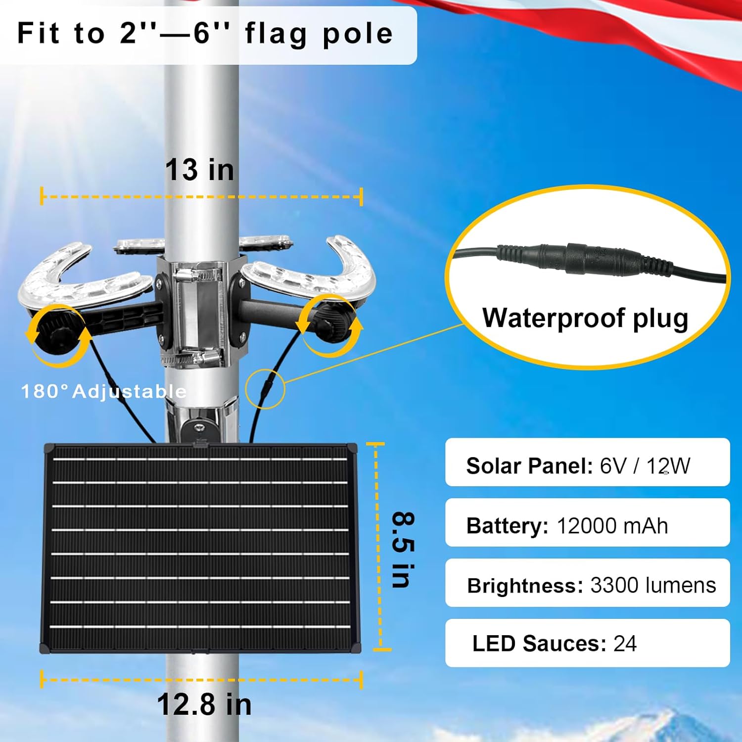 Flag Pole Light Solar Powered, 3300 Lumen Solar Flagpole Light, Up to 15 Hrs 12000mAh Flag Light for Outdoor 15-40 Feet Flag Pole, Adjustable Clamp Fits 2-6 in Flag Pole, Large, Black