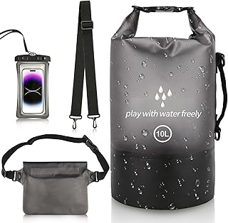 Dry Bag Rucksack 10L Wasserdichter Packsack mit wasserdichte Bauchtasche und Handyhülle Seesack Wasserdicht Klein Drybag Wasserfeste Tasche für Boote Kajak Sup Wassersport Camping - Schwarz