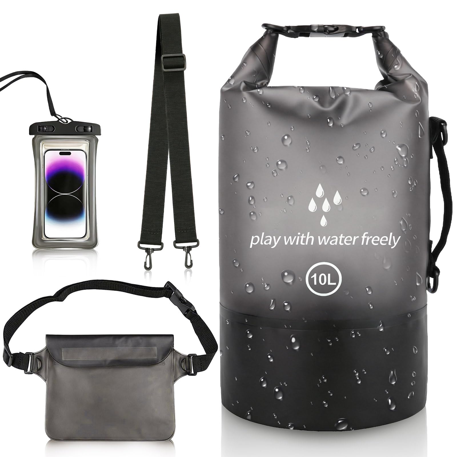 Dry Bag 10L Sacca Impermeabile con Marsupio e Custodia per Telefono Sacca Stagna Borsa Impermeabile per Barche Kayak SUP Sport Acquatici e Camping - Nero