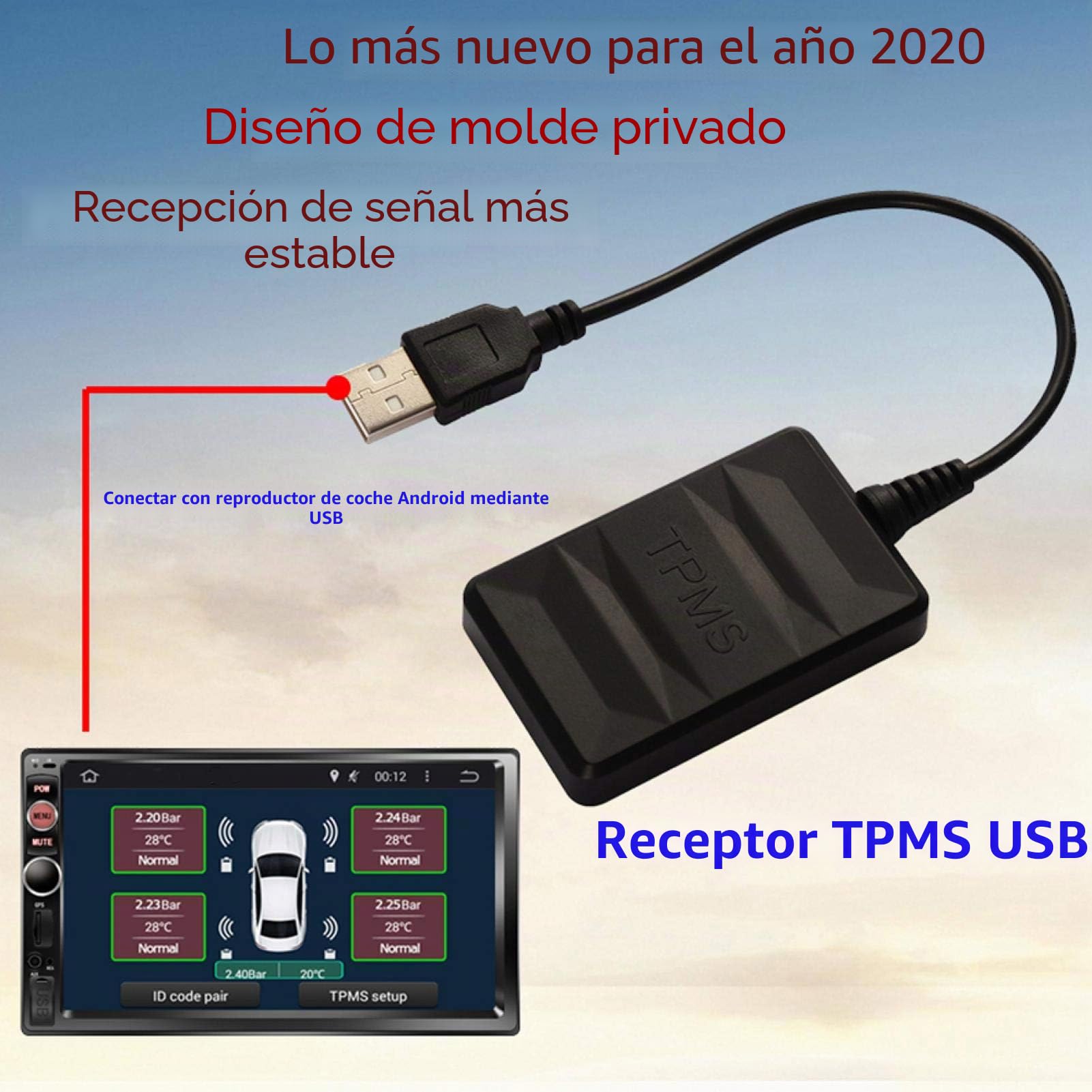de Monitoreo de Presión de Neumáticos USB para Automóvil Alarma de Monitoreo TPMS con Sensor Externo Detector de Presión de Neumáticos para Android Navigation TPMS Android Voiture