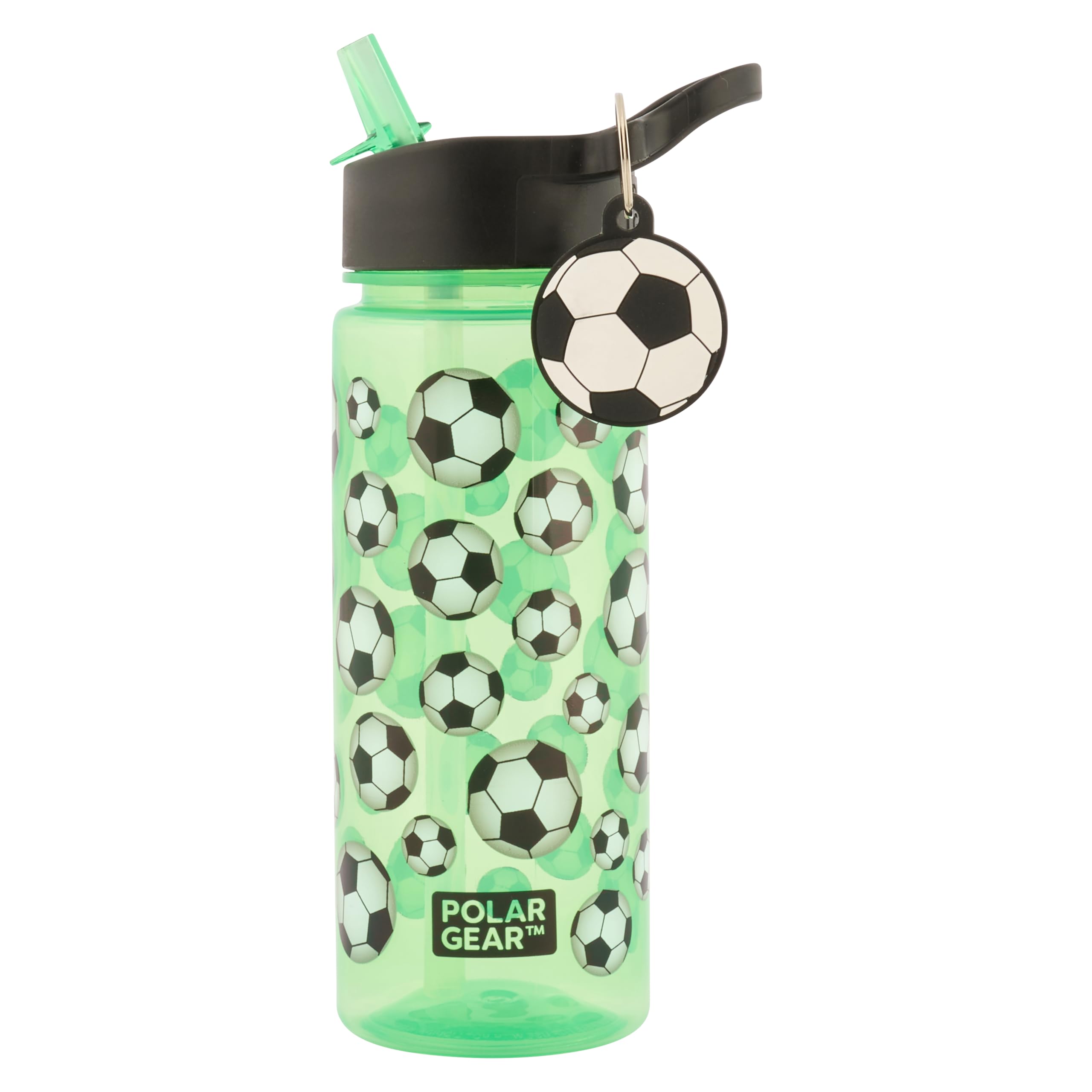 Polar Gear Kids Water Bottle 500ml – Football Design Drinks Bottle with Flip-Top Straw & Detachable Charm Keyring – BPA Free Polypropylene – Reusable School Bottle for Children (Football (Green))