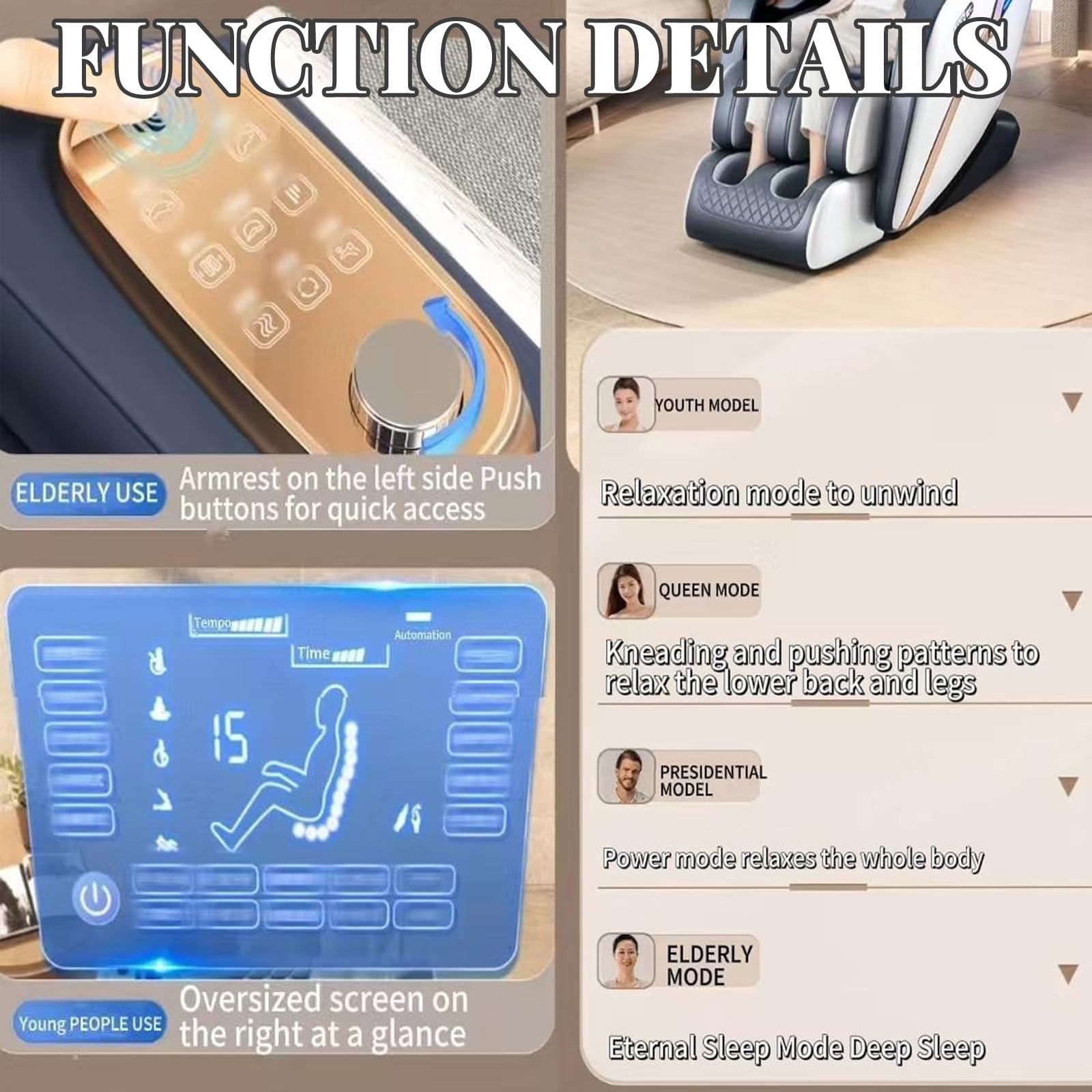 Sillón de masaje con respaldo y cintura calentados, asiento suave, pantalla táctil LED de gravedad cero, programas automáticos, adecuado para personas mayores