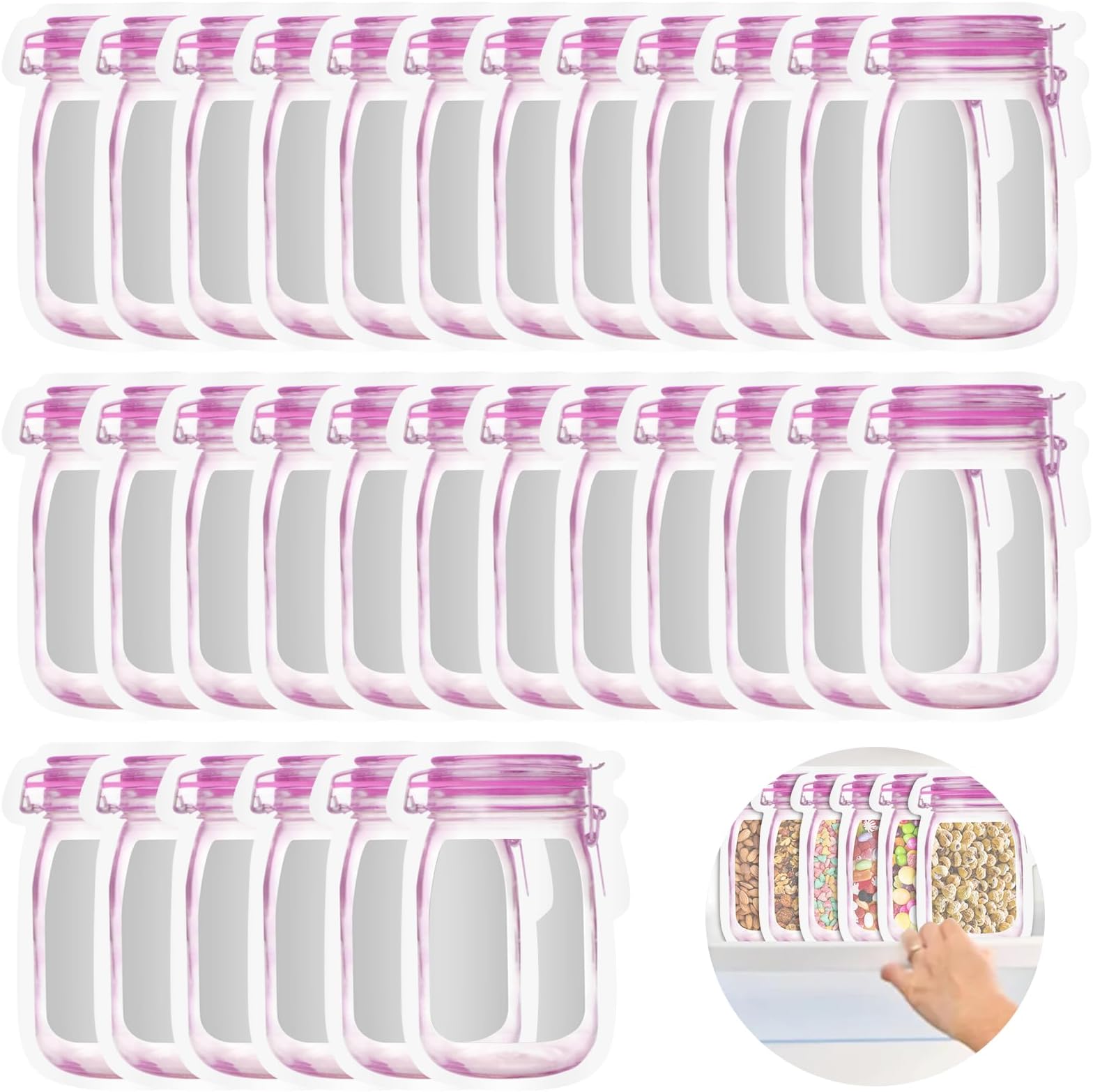 QKTYB 30PCS Mason Jar Bottles Bags Reusable Food Spice Storage Bags Snack Saver Container Airtight Seal Leak-Proof Zip-Lock for Travel Camping Picnic (Red,M)