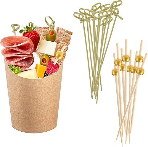 Juego de tazas de charcutería Kraft con juego de palillos de bambú para cóctel, 200 selecciones + 50 tazas de 14 onzas, tazas desechables de papas