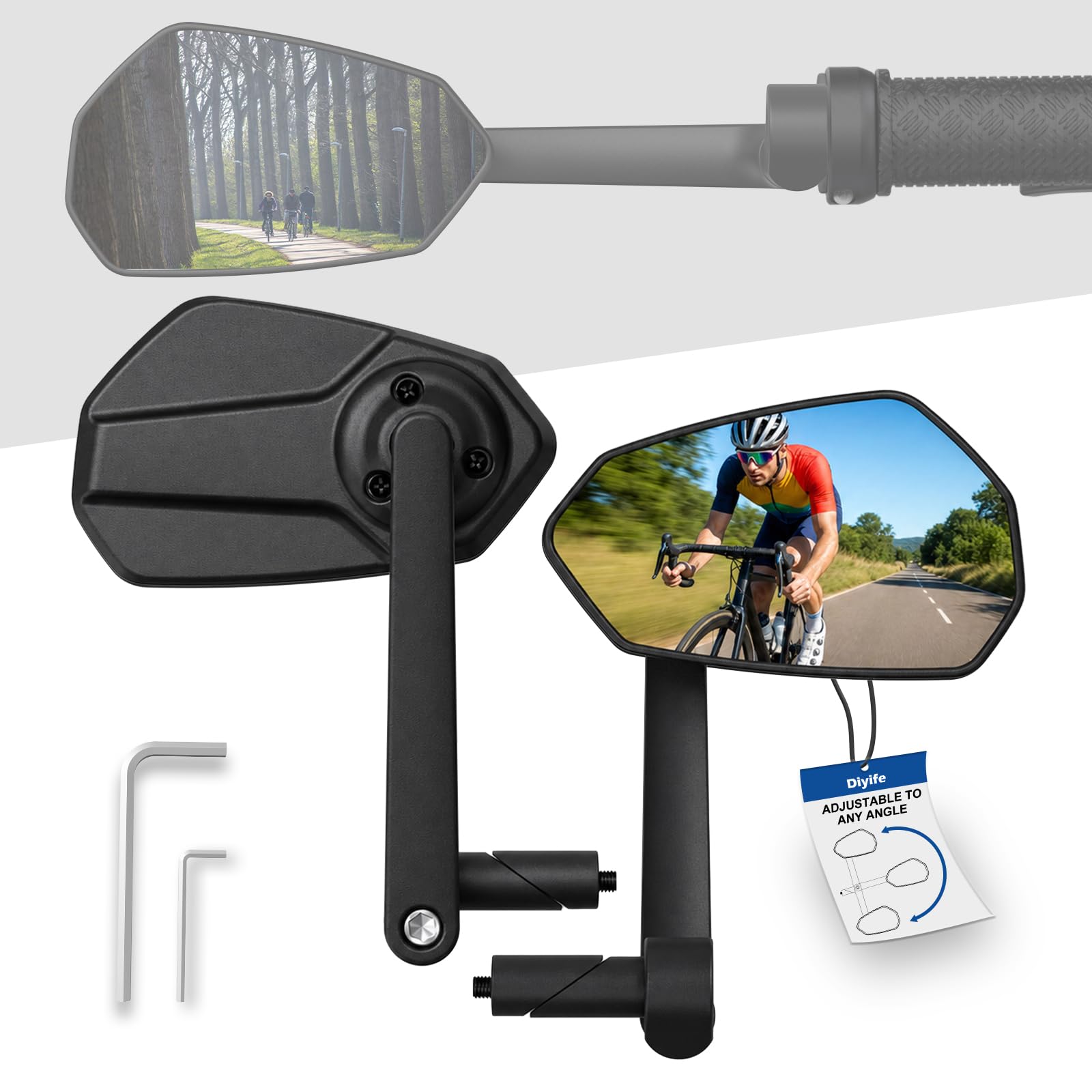Diyife Bar End Bike Mirrors, HD Large Wide Angle, 360° Adjustable, 1 Pair