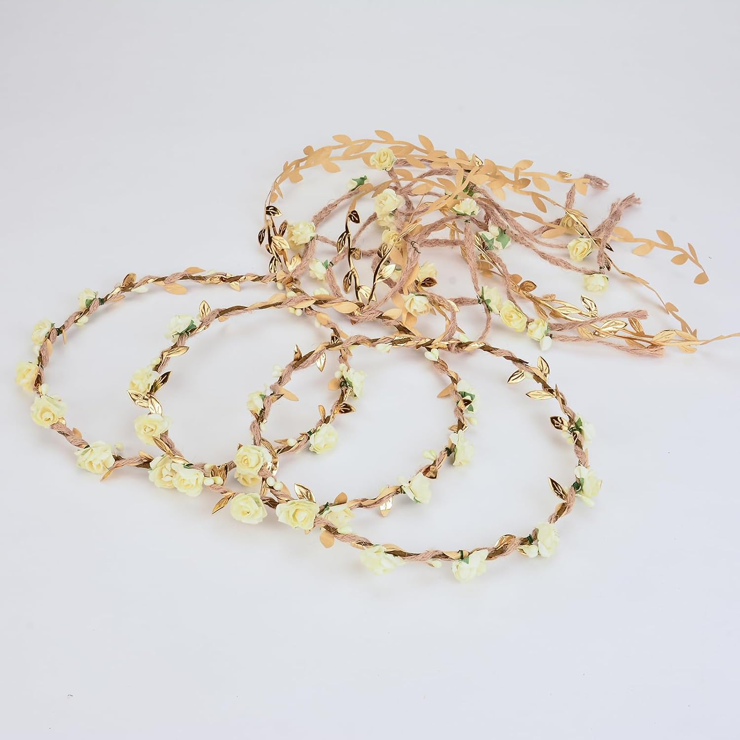 DDazzling Flower Crown Floral Wreath Headband Floral Garland Headbands Photo Props,Rose Flower Crown Kit, 3 Piece (Ivory and Gold) image 3