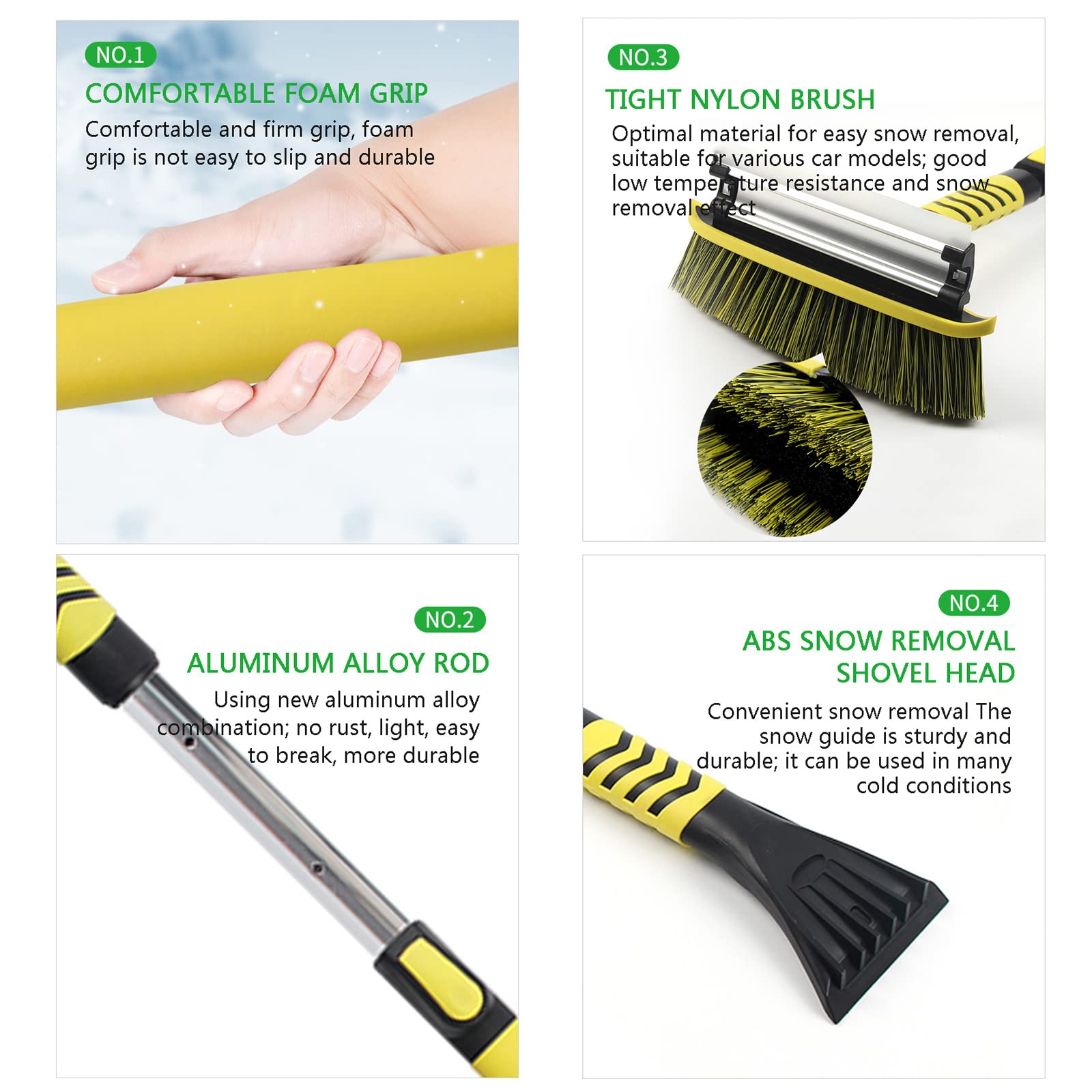 Brosse à Neige Grattoir à Glace Pelle à Neige Grattoir à Glace et Brosse à Glace Extensible de 41,3 Pouces, Grattoir à Neige avec poignée en Mousse Ergonomique pour Voitures, 3 en 1, Jaune