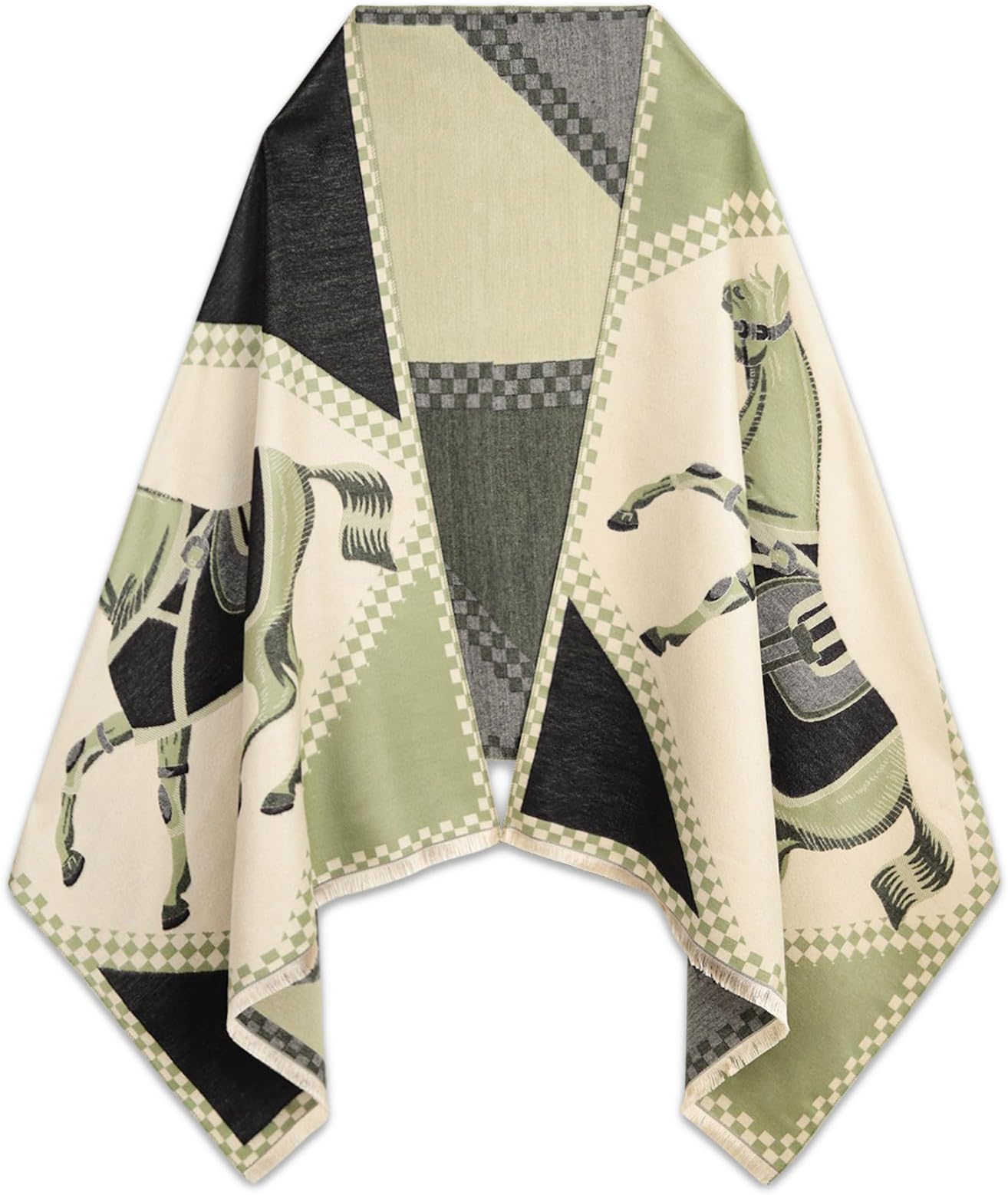 EXTREE Scarfs for Women Pashmina Silky Shawl Wrap for Evening Dressing Blanket Open Front Poncho Cape, Petite, Aag-milk Yellow-black-horse
