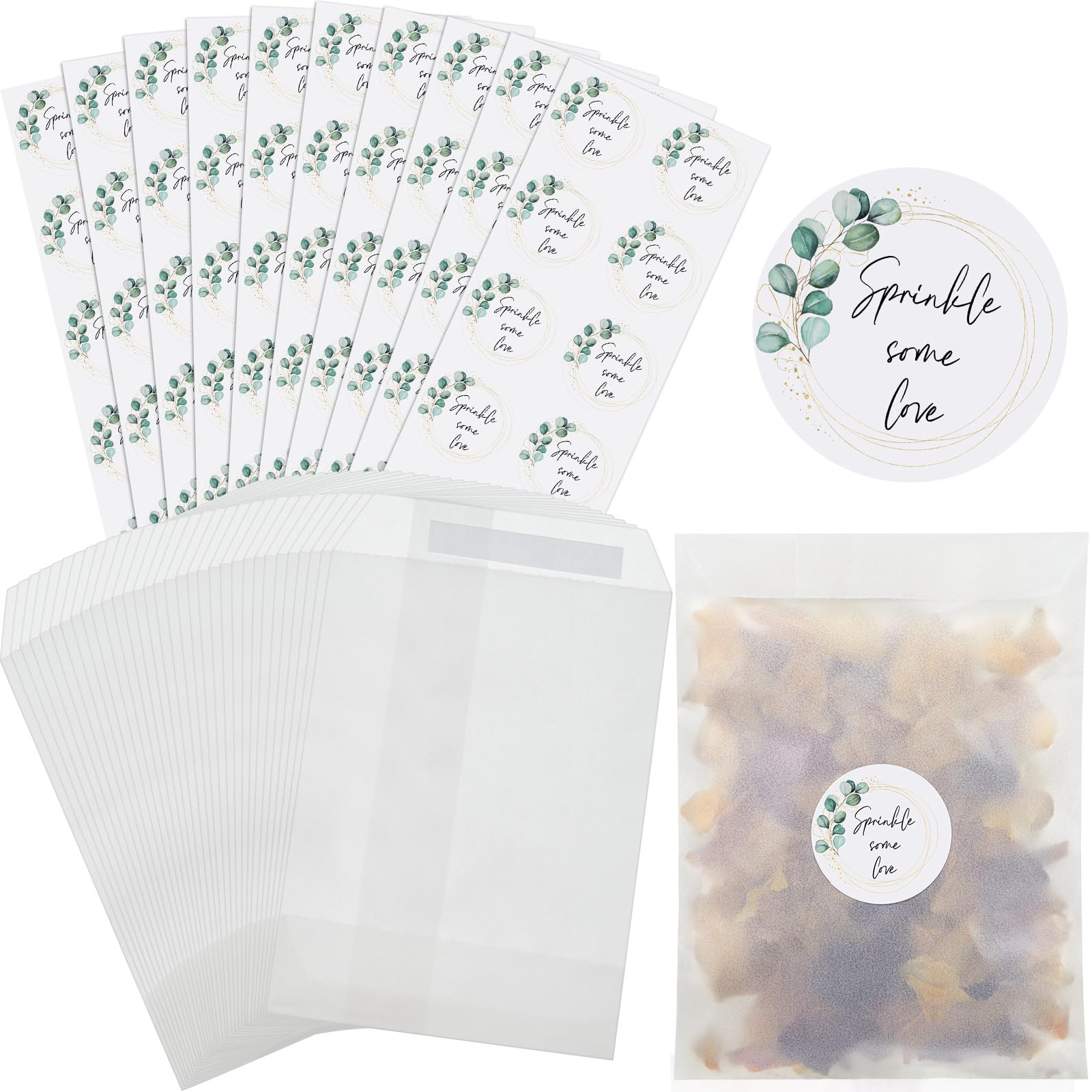 Tenare 100 Pcs Wedding Confetti Bags Set Includes 100 Pcs 3.54 x 5.31 in Glassine Paper Favor Bags Glassine Envelopes and 100 Wedding Confetti Stickers(Green,Stylish Style)