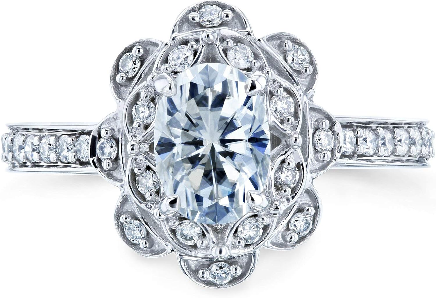 Kobelli Oval Moissanite Halo Floral Vintage Style Engagement Ring 1 1/6 CTW 14k White Gold (DEF/VS, GH/I)