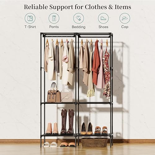 Miniatura 7 de Armario portátil, armario con 4 estantes y 2 varillas para colgar, perchero independiente para dormitorio, organizador de almacenamiento para colgar