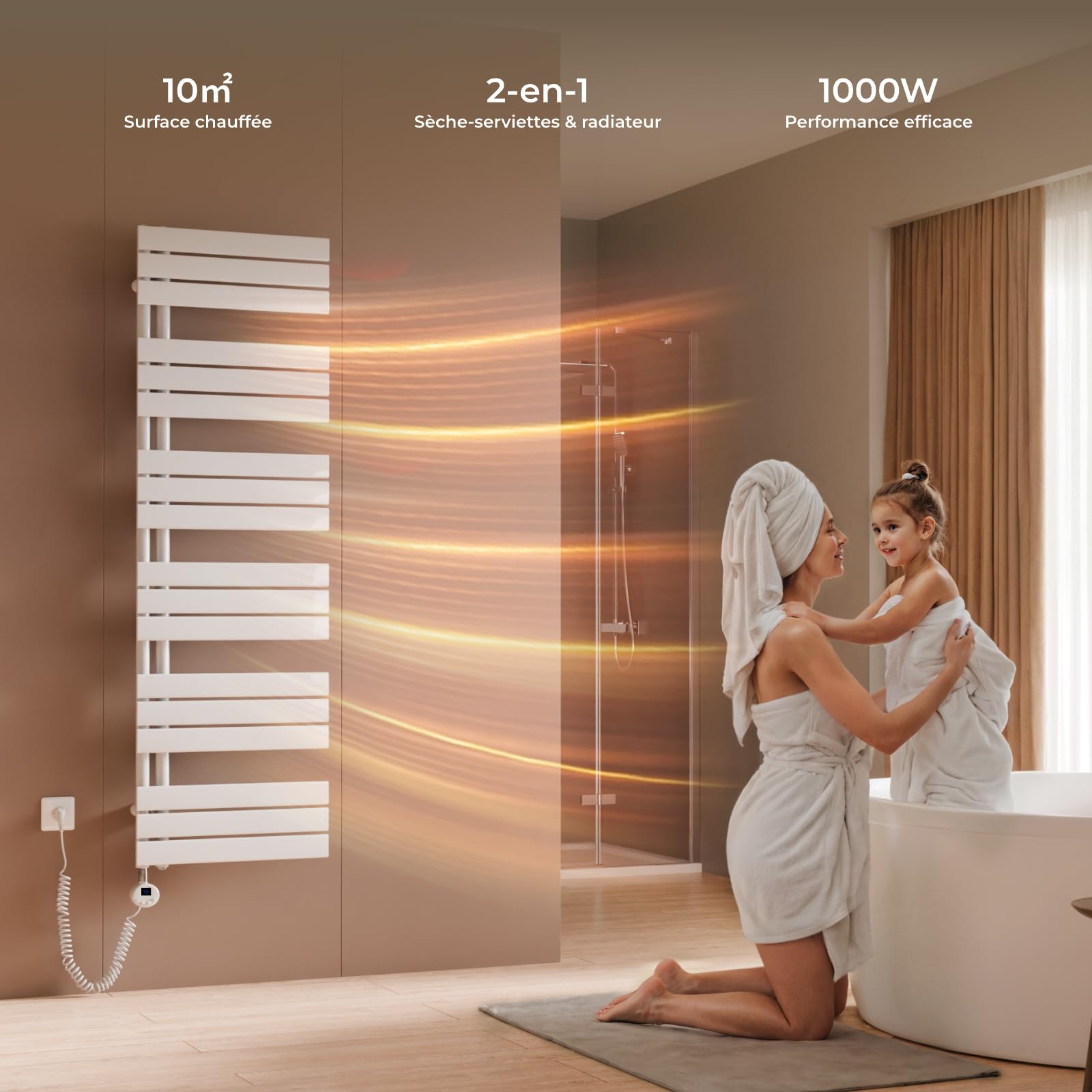 S'AFIELINA Sèche-serviette électrique1599×500mm, radiateur sèche-serviette électrique avec thermostat, WiFi, minuterie programmable, écran LCD, Radiateur salle de bain 1000 W, blanc